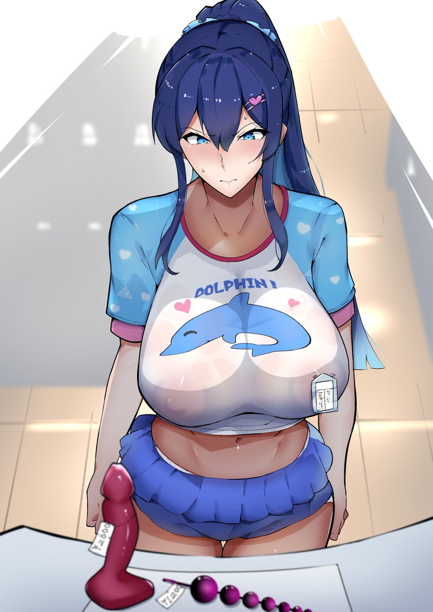 aantapl0izzv1rh anal_beads anal_beads_out aomiya_mizuno blue_eyes blue_hair blue_shirt blue_skirt blush commentary_request commission counter covered_nipples dildo dolphin_print embarrassed female hair_between_eyes hair_ornament hairclip heisei_retro highres jojifuku kemono_tamashii_sentai_juusoruja microskirt midriff name_tag navel partial_commentary ponytail price_tag see-through_clothes see-through_shirt sex_toy shirt short_sleeves skeb_commission skirt solo sweatdrop thigh_gap two-tone_shirt undersized_clothes white_shirt