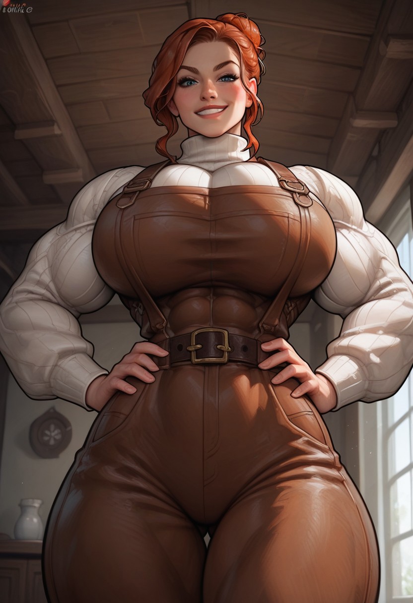 abs ai_generated blue_eyes cleon_magic dominant_female hair hair_bun huge_breasts karina_angsvelt looking_down muscles muscular_arms muscular_female muscular_thighs narrow_waist original_character overalls red_hair thick_thighs wide_hips