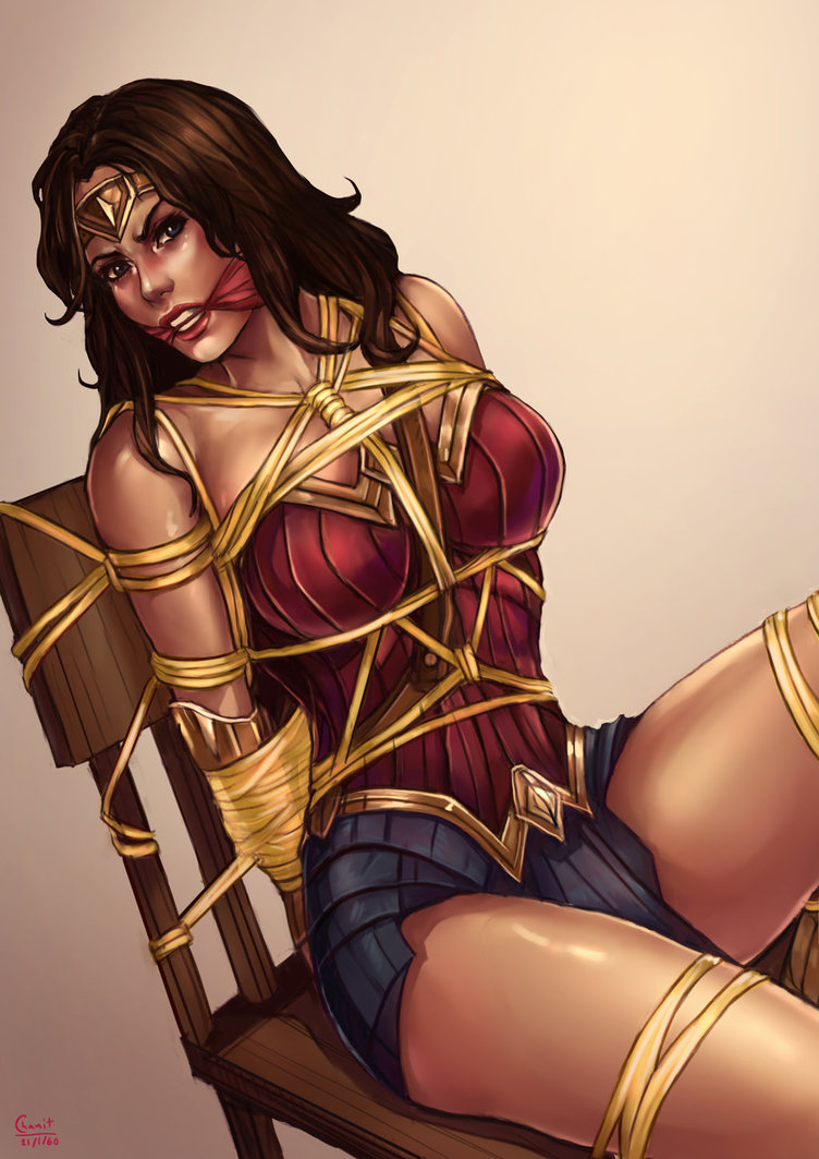 1girls, adapted costume, amazon, armor, arms behind back, artist name, bare arms, bare shoulders, bdsm, black hair, blue eyes, blush, bondage, boots, bracelet, breasts, brown eyes, brown hair, censored, cleavage, clothing, costume, covered breasts, curvaceous, dated, dc, dc comics, dc extended universe, diana of themyscira, erect nipples, erect nipples under clothes, female, female only, femsub, footwear, fully clothed, gag, gagged, hips, jewelry, kachima, large breasts, lasso, lasso of truth, legs, light skin, light-skinned female, lips, long hair, nipples, red boots, red footwear, red shoes, shoes, signature, simple background, sitting, skin tight, skirt, solo, superhero, superheroine, thigh boots, thighhighs, thighs, tiara, tied to chair, tight, tight clothes, wonder woman, wonder woman (dceu), wonder woman (series)