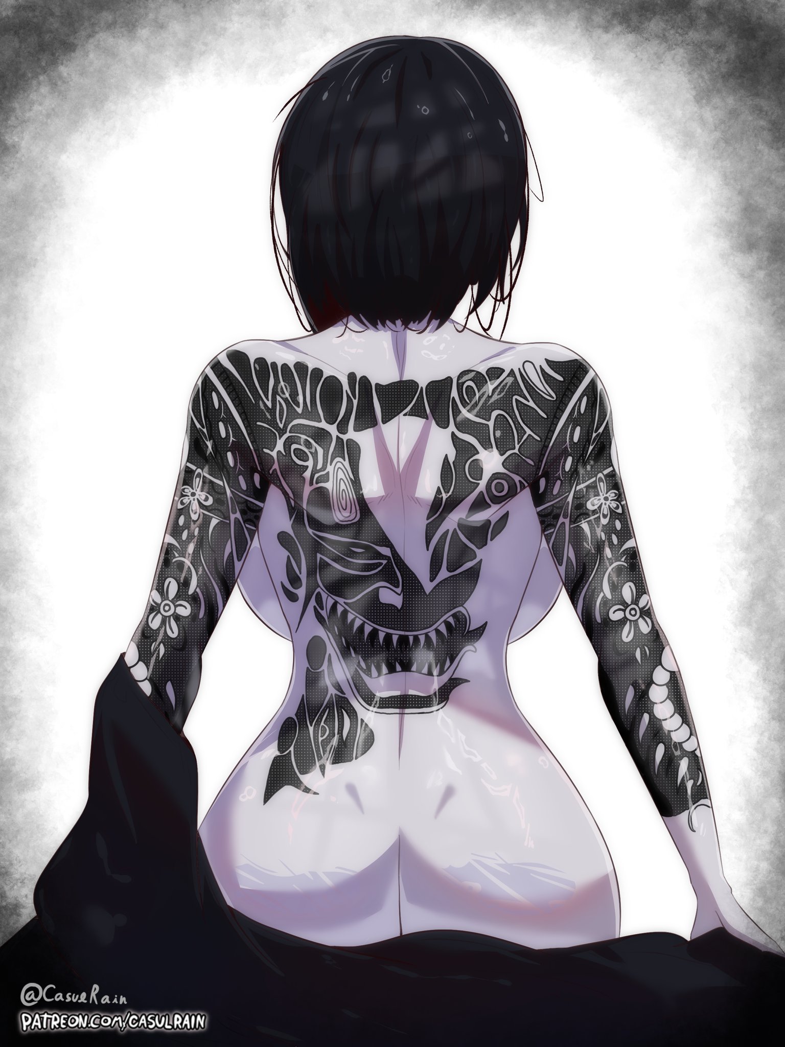 1girls, asian, asian female, back tattoo, black hair, casulrain, female, female only, from behind, irezumi, short hair, tattoo