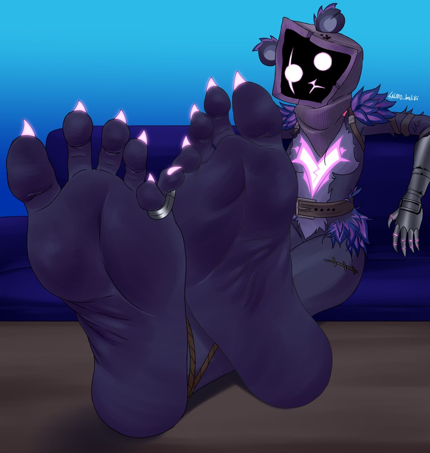 armor bear black_body bondage claws facial_scar feet foot_fetish foot_focus foot_on_table fortnite fortnite:_battle_royale fur furry_only glowing humanoid_feet looking_at_viewer purple_fur raven_team_leader shocked_expression simple_background soles ssunsalm thighs toes wrinkled_feet wrinkles