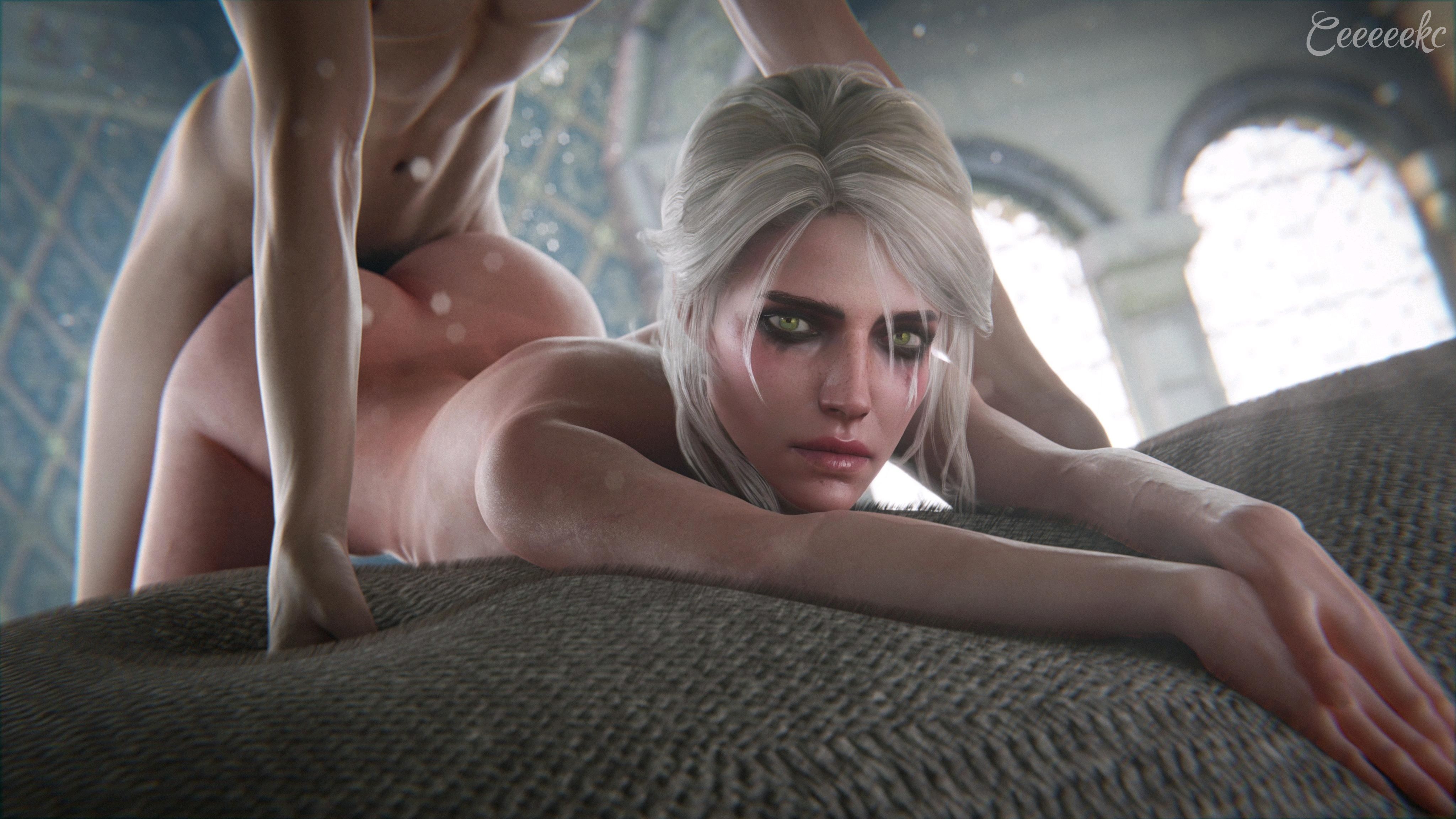 3d, ass, bent over, big ass, cd projekt red, ceeeeekc, ciri, doggy style, doggystyle, female, green eyes, mascara tears, realistic, ruined makeup, running mascara, runny makeup, the witcher (series), the witcher 3: wild hunt, white hair