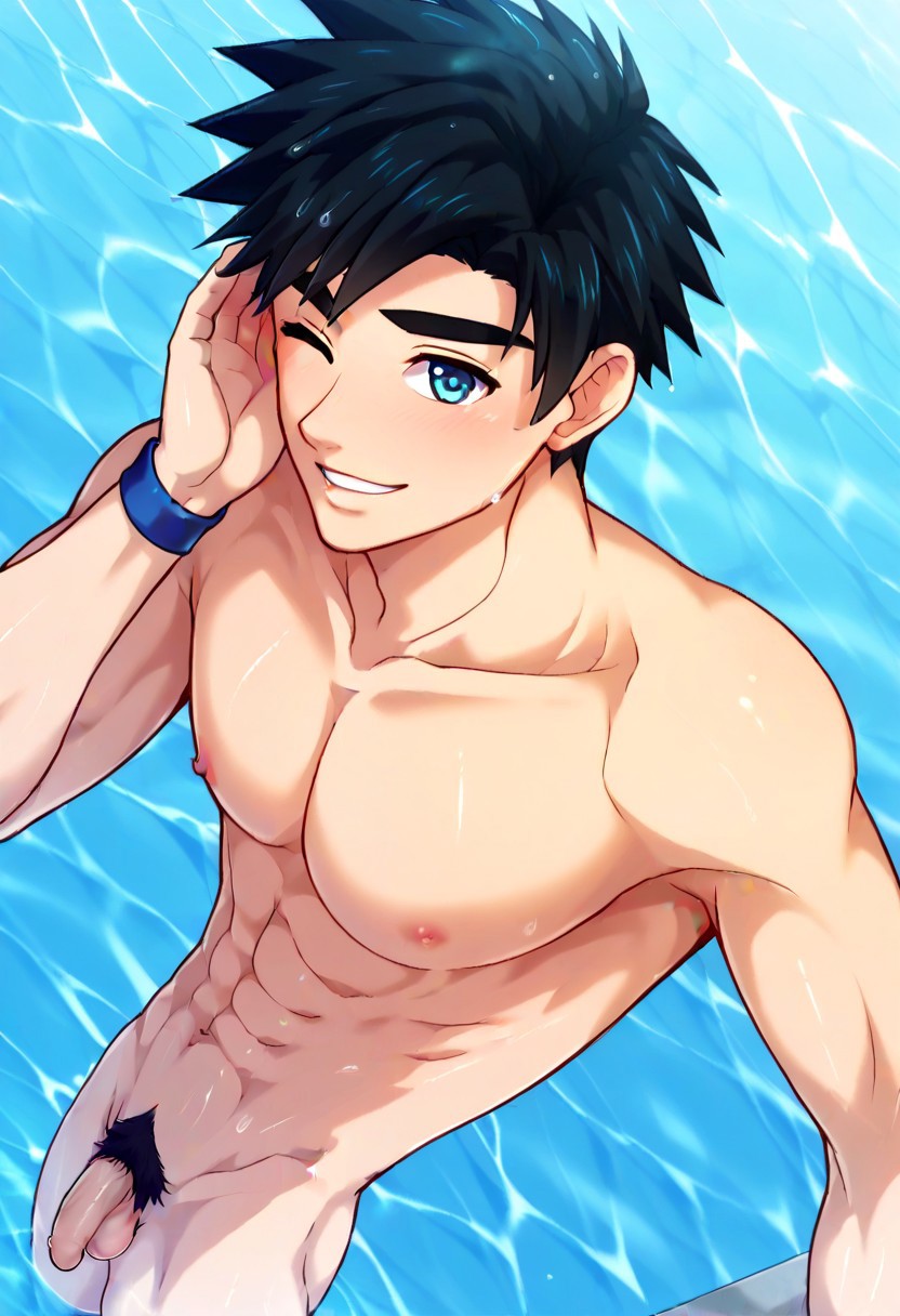 ai ai_art ai_assisted ai_generated avan_geiserford beach flaccid_penis gay jock_studio mikkoukun pubic_hair solo_male wet_body wet_skin yaoi