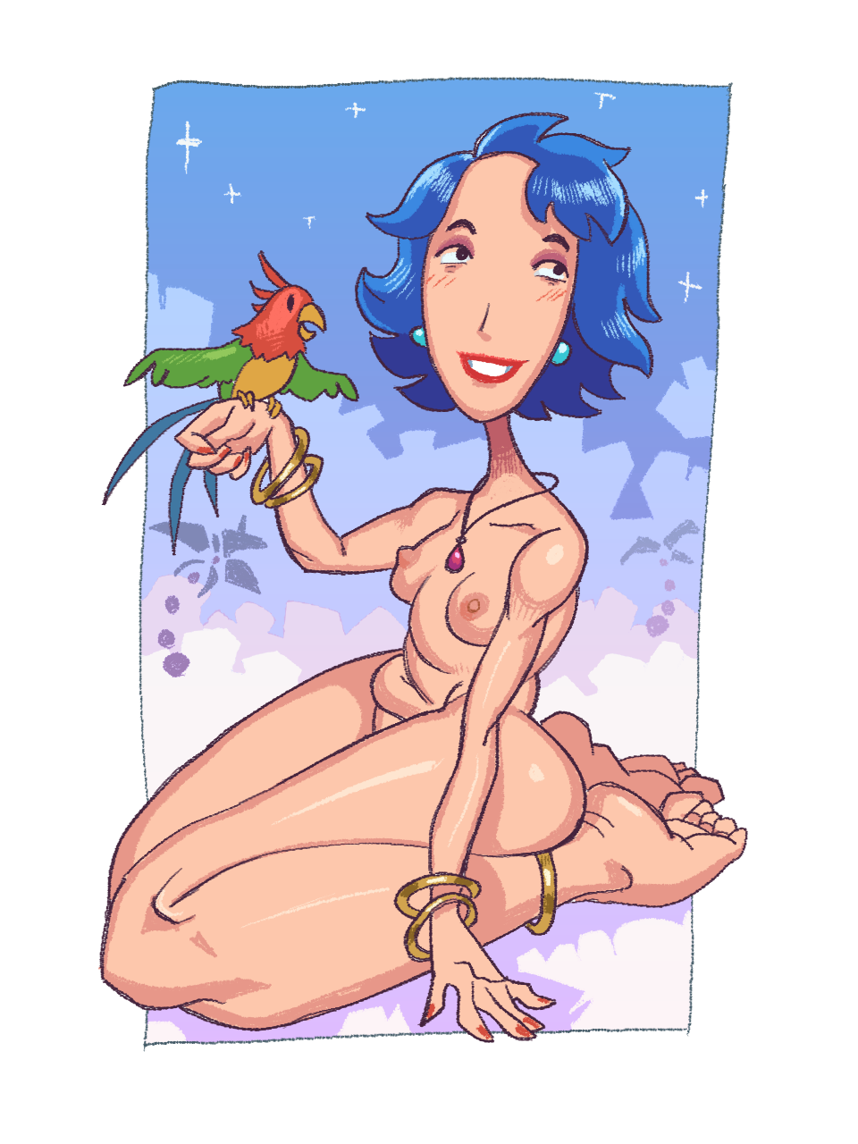 blue_hair breasts dream emily_(stardew_valley) feet female naked parrot solo_female stardew_valley