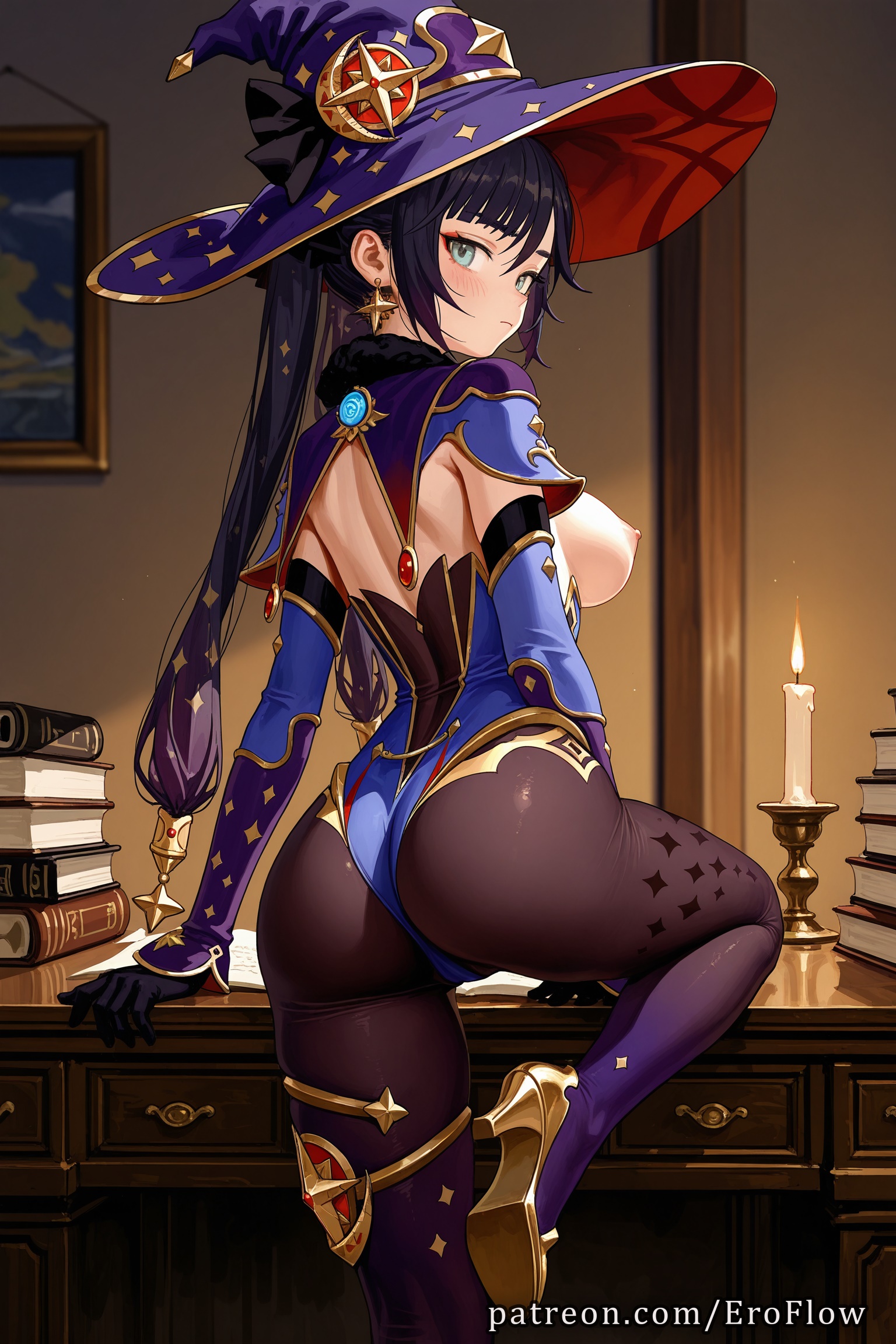 1girls, 2025, ai generated, ass, bangs, black gloves, black hair, blue leotard, blush, book, book stack, breasts, breasts out, candle, detached sleeves, earrings, eroflow, female, female only, from behind, genshin impact, gloves, gold trim, hat, hi res, high heels, highleg, highleg leotard, highres, hoyoverse, jewelry, large ass, leotard, long hair, looking at viewer, looking back, medium breasts, mihoyo, mihoyo technology (shanghai) co. ltd., mona (genshin impact), nipples, oshiri, pantyhose, patreon, solo, star earrings, teasing, thighlet, twintails, vision (genshin impact), voluptuous, voluptuous female, witch hat