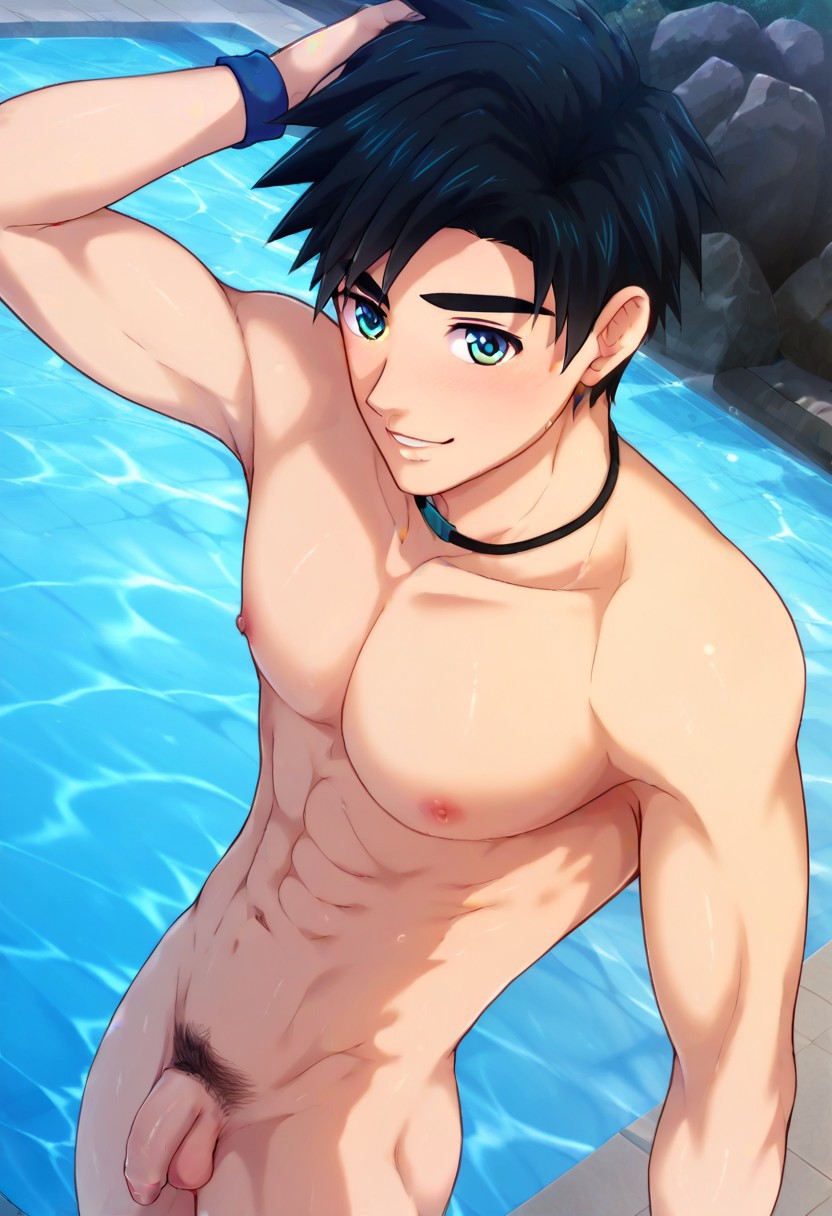 ai ai_art ai_assisted ai_generated avan_geiserford beach flaccid_penis gay jock_studio mikkoukun pubic_hair solo_male wet_body wet_skin yaoi