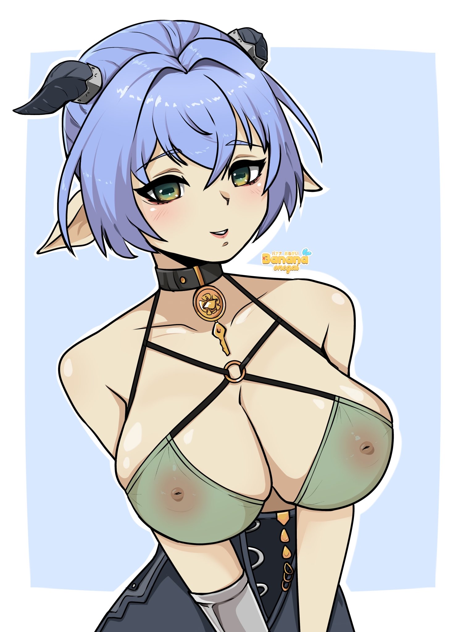 1girls, 2025, areolae, artist name, banana onegai, big breasts, blue hair, breasts, choker, clothed, clothing, collar, female, female only, green eyes, horn, horns, light skin, light-skinned female, looking at viewer, lucia (zenless zone zero), lucia elowen, nipples visible through clothing, pointy ears, short hair, solo, translucent, translucent clothing, video games, zenless zone zero
