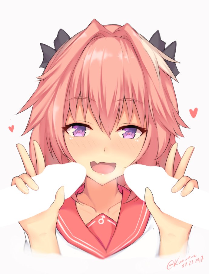 1boy astolfo_(fate) bangs black_bow blush bow censored collarbone commentary_request cute_fang dated double_handjob double_v eyebrows_visible_through_hair fate/apocrypha fate/grand_order fate_(series) femboy hair_intakes hairbow handjob heart heart-shaped_pupils kuavera long_hair mars_symbol multicolored_hair open_mouth penis pink_hair pink_sailor_collar purple_eyes sailor_collar sailor_shirt shirt signature simple_background smile streaked_hair symbol-shaped_pupils trap v yaoi