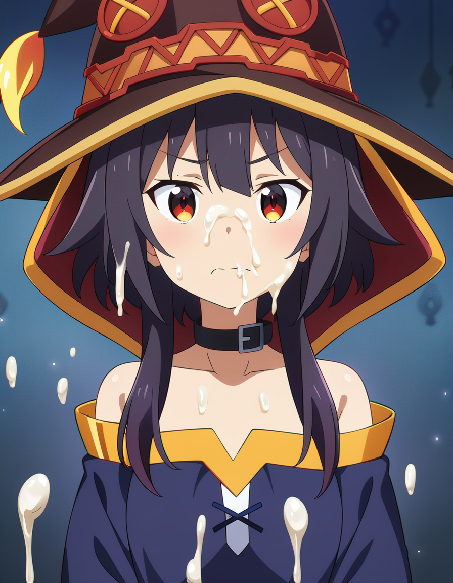 1girls ai_generated breasts brown_hair choker closed_mouth clothed cum cum_in_mouth cum_on_clothes cum_on_face cum_on_hair cute cute_face female female_only hat kono_subarashii_sekai_ni_shukufuku_wo! looking_at_viewer megumin morindar open_eyes red_eyes serious serious_face serious_look small_breasts