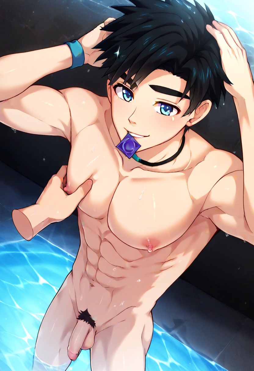 ai ai_art ai_assisted ai_generated avan_geiserford beach condom condom_in_mouth disembodied_hand flaccid_penis gay jock_studio mikkoukun nipple_pinch pinching_nipples pubic_hair solo_male wet_body wet_skin yaoi