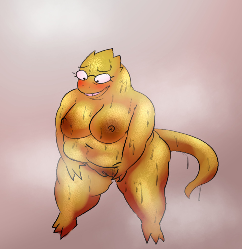 2024 alphys anthro blush bodily_fluids breasts eyewear female genitals glasses lizard musk musk_clouds nipples nude overweight overweight_anthro overweight_female oxkingky pussy reptile scales scalie sweat undertale_(series) yellow_body yellow_scales