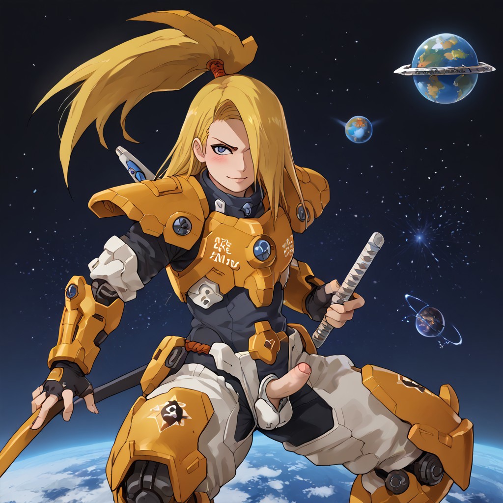 1boy ai_generated big_ass blonde_hair blue_eyes blush deidara femboy femboy_focus male male_focus mecha mechanical naruto naruto_(series) naruto_shippuden planet presenting small_penis space spacesuit thick_thighs yellow