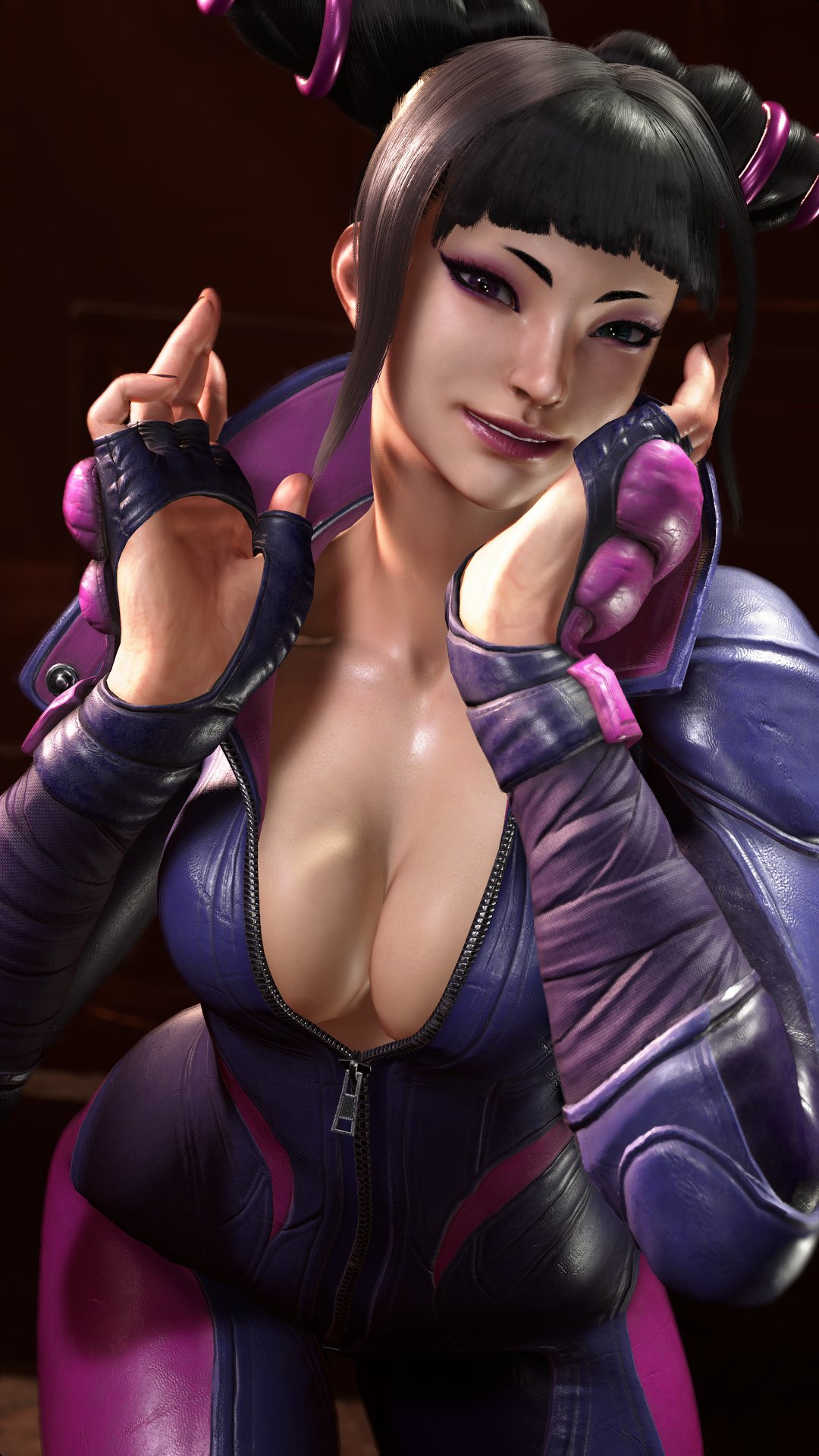 1girls 3d asian asian_female bangs big_breasts black_hair blue_eyes bodysuit breasts busty cleavage clothed clothing cute_smile female happy heterochromia juri_han korean large_breasts light_skin light_skinned_female looking_at_viewer mod no_bra portrait purple_eyes sf_screenshot short_hair smile smiling_at_viewer solo solo_female street_fighter street_fighter_6 thick_thighs thighs three-quarter_portrait tied_hair zipper zipper_down