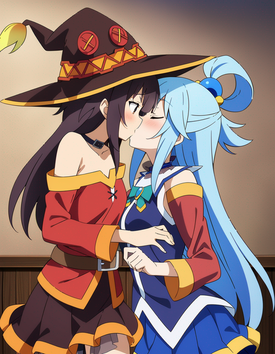 2girls ai_generated aqua_(konosuba) aqua_hair blue_hair blush brown_hair choker closed_eyes clothed cute cute_face female female_only hat kissing kissing kono_subarashii_sekai_ni_shukufuku_wo! lesbian_kiss long_hair megumin morindar open_eyes red_eyes small_breasts yuri yuri