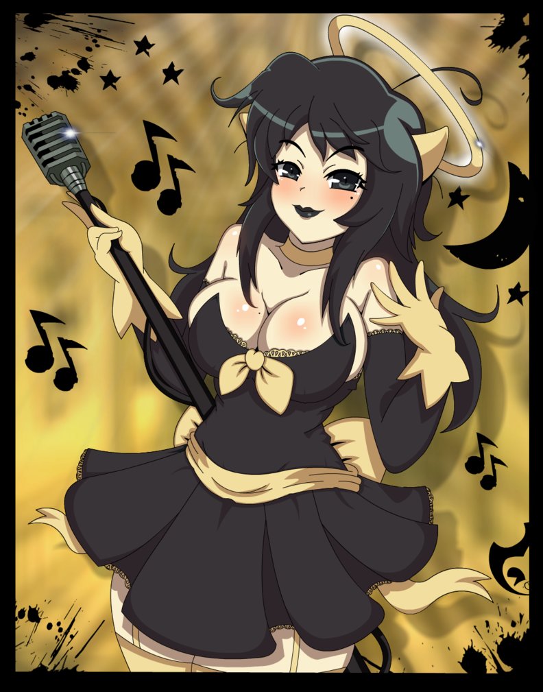 1girls alice_angel beauty_mark bendy_and_the_ink_machine big_breasts black_eyes black_hair breasts cleavage cute dress female female_only gloves halo horns ink long_hair looking_at_viewer mairusu-paua microphone moon musical_notes pale_skin ribbons skirt smiling thick_thighs thighhighs