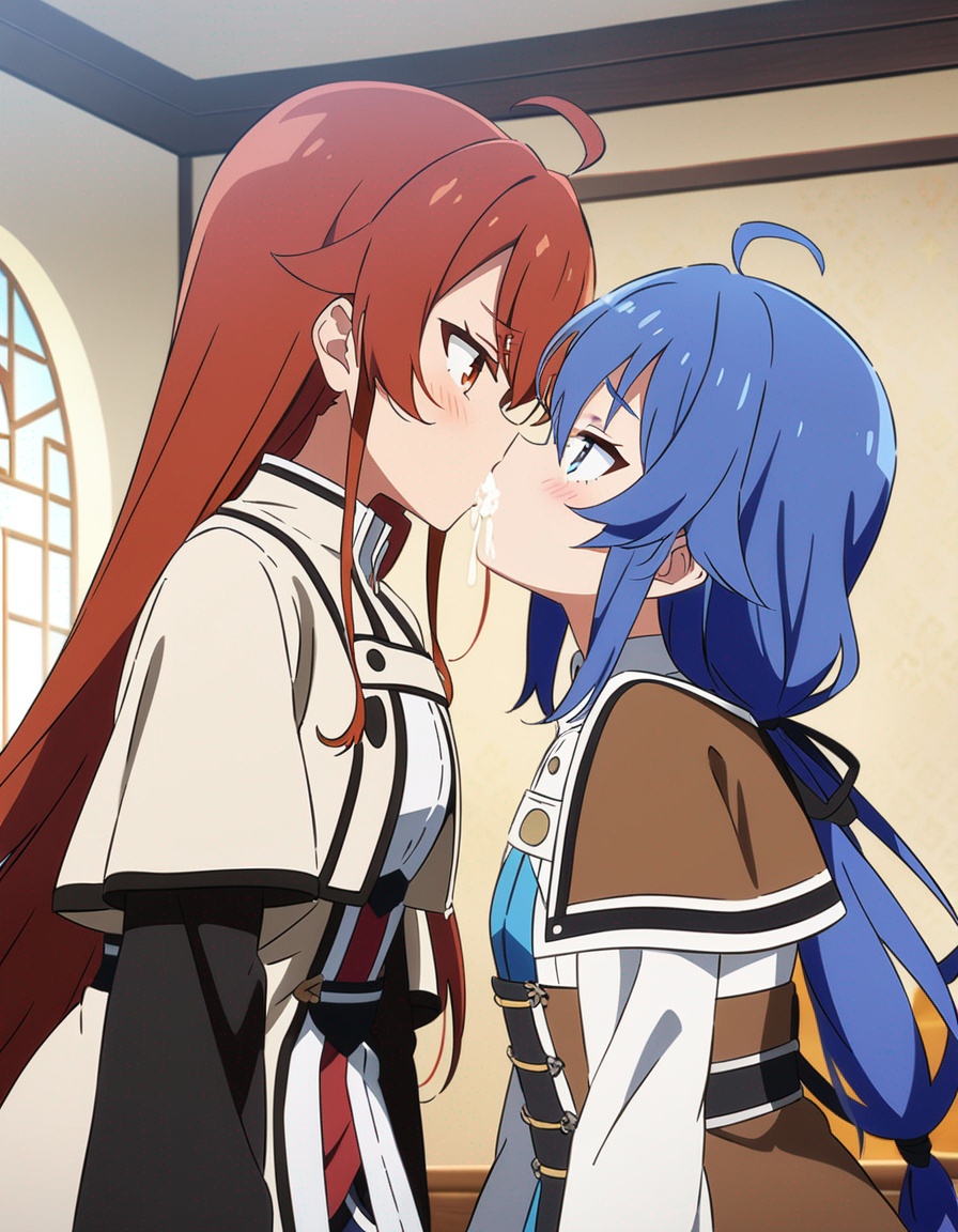 2girls ai_generated blue_eyes blue_hair blush clothed cum cum_drip cum_in_mouth cum_kiss cum_swap cum_swapping cute cute_face eating eating_cum eris_greyrat female female_only kiss kissing lesbian lesbian_kiss long_hair looking_at_partner morindar mushoku_tensei open_eyes red_eyes red_hair roxy_migurdia small_breasts swallowing swallowing_cum yuri