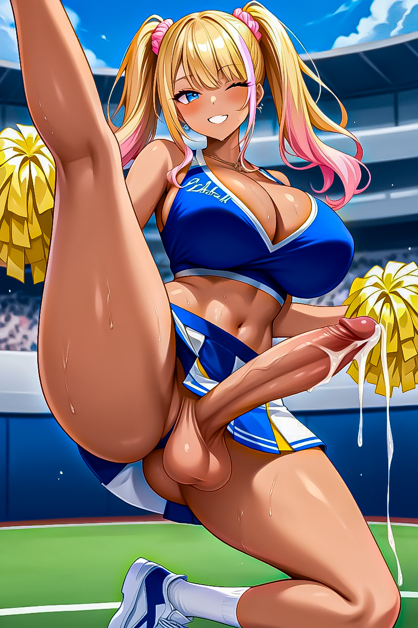 1futa ai_generated blinking blonde_hair cheerleader cheerleader_uniform cleavage dripping_cum futa_only futanari gyaru hi_res huge_balls huge_breasts huge_cock looking_at_viewer marrielobste one_eye_closed one_leg_up ponytail ponytails self_upload smile smiling smiling_at_viewer sweat thick_thighs