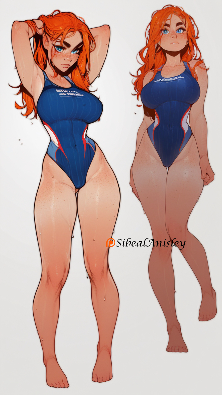 1girls ai_assisted ai_enhanced ai_generated blue_eyes braid curvaceous female female_only freckles hourglass_figure large_breast nipples original_character red_hair sibeal sibeal_anisley swimsuit wet_hair wide_hips