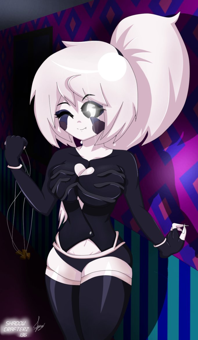 1girls big_breasts black_clothing black_eyes black_makeup claws cute five_nights_at_freddy's five_nights_at_freddy's_4 five_nights_in_anime flashlight fluffy_hair looking_at_viewer makeup marionette_(fnaf) nightmarionne ponytail puppet_(fnaf) rule_63 shadow shadowcrafterz136 sharp_claws sharp_teeth signature smile smiling smiling_at_viewer tagme teeth tight_clothes tight_clothing tight_fit white_hair white_pupils white_skin