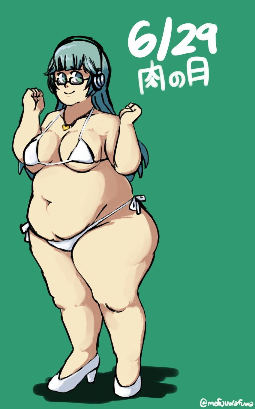 1girls bbw belly bikini chubby chubby_female glasses headphones silver_hair super_taruco