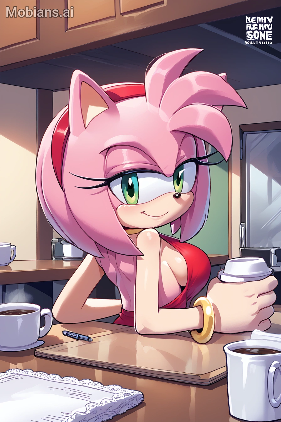 ai_generated amy_rose back back_view cafe casual clothed coffee date fully_clothed furry gold_jewelry green_eyes holding_drink lust lustful_gaze on_model pink_fur pink_hair red_dress sideboob sonic_(series) sonic_the_hedgehog_(series)