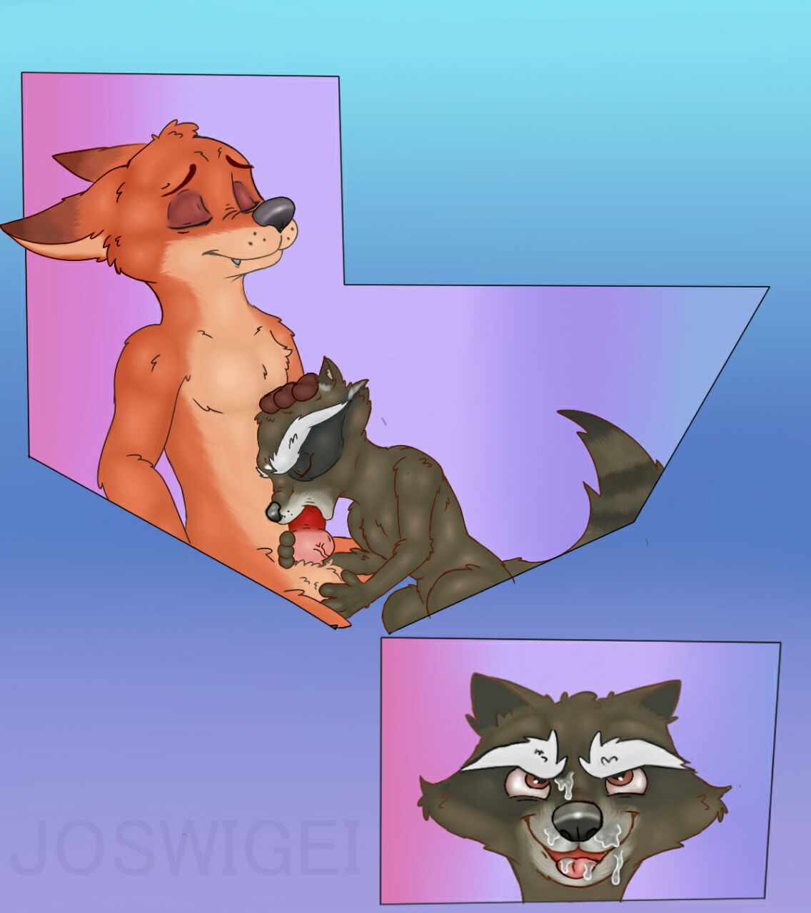 2boys canine cum cum_on_face disney fellatio fox gay guardians_of_the_galaxy joswigei knot male male_only mammal marvel messy mini_comic nick_wilde oral penis raccoon rocket_raccoon sex size_difference yaoi zootopia