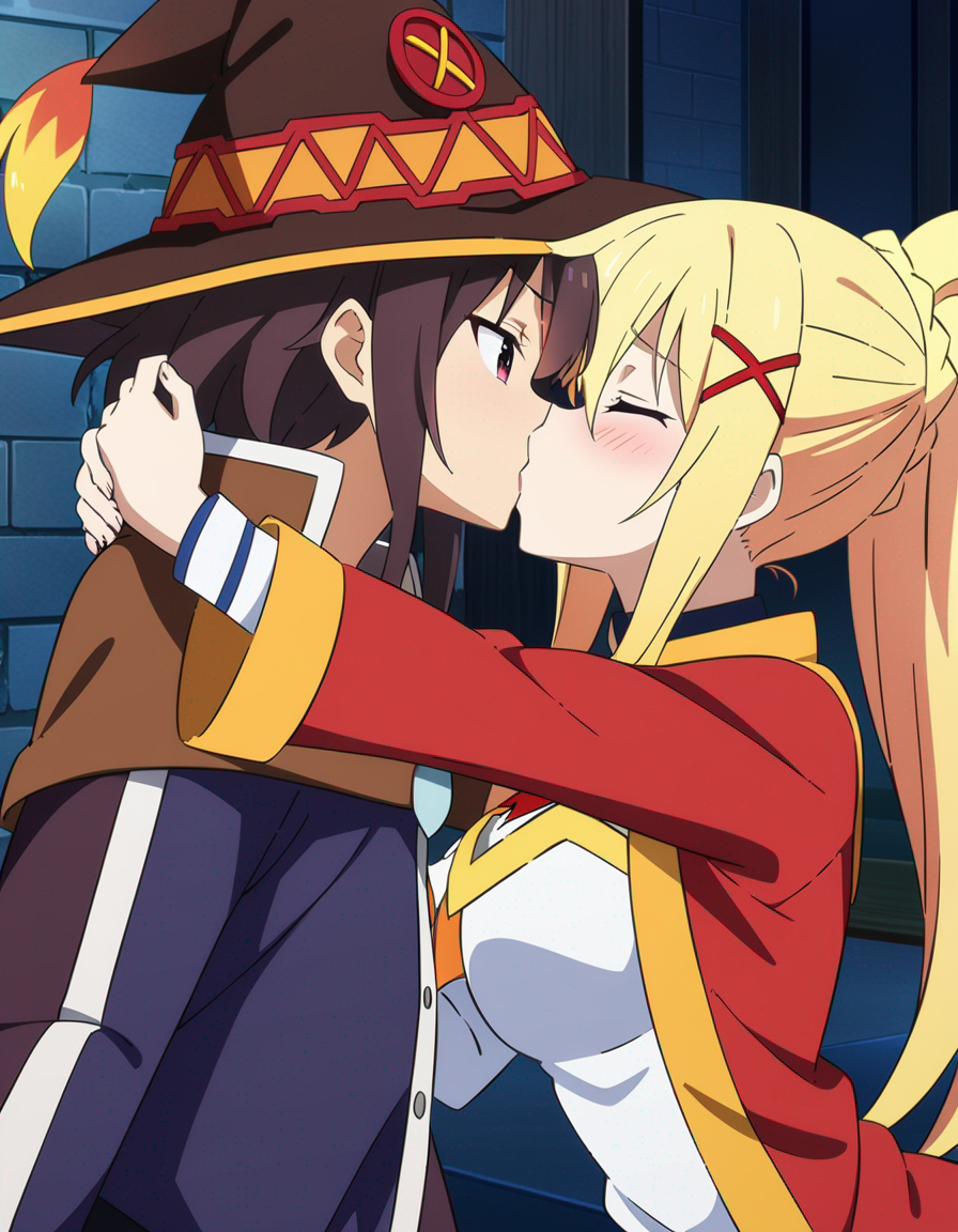 2girls ai_generated big_breasts blonde_hair blush brown_hair choker clothed darkness_(konosuba) female female_only hat kissing kissing kono_subarashii_sekai_ni_shukufuku_wo! lesbian_kiss long_hair megumin morindar red_eyes small_breasts yellow_hair yuri yuri