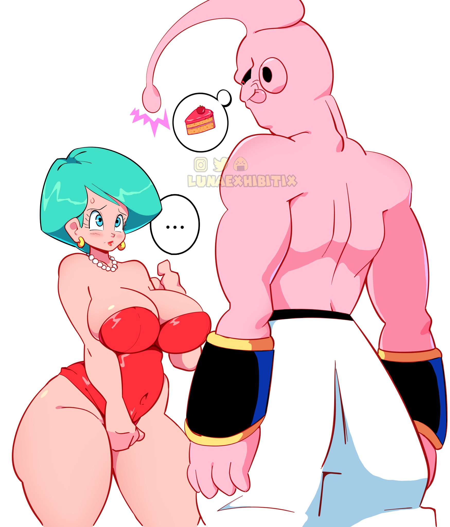 1boy, 1girls, breasts, bulma briefs, dragon ball, dragon ball z, female, hi res, large breasts, light skin, light-skinned female, lunaexhabbitix, majin buu, male, mature female, milf, necklace, thick thighs, thighs, white background, wide hips