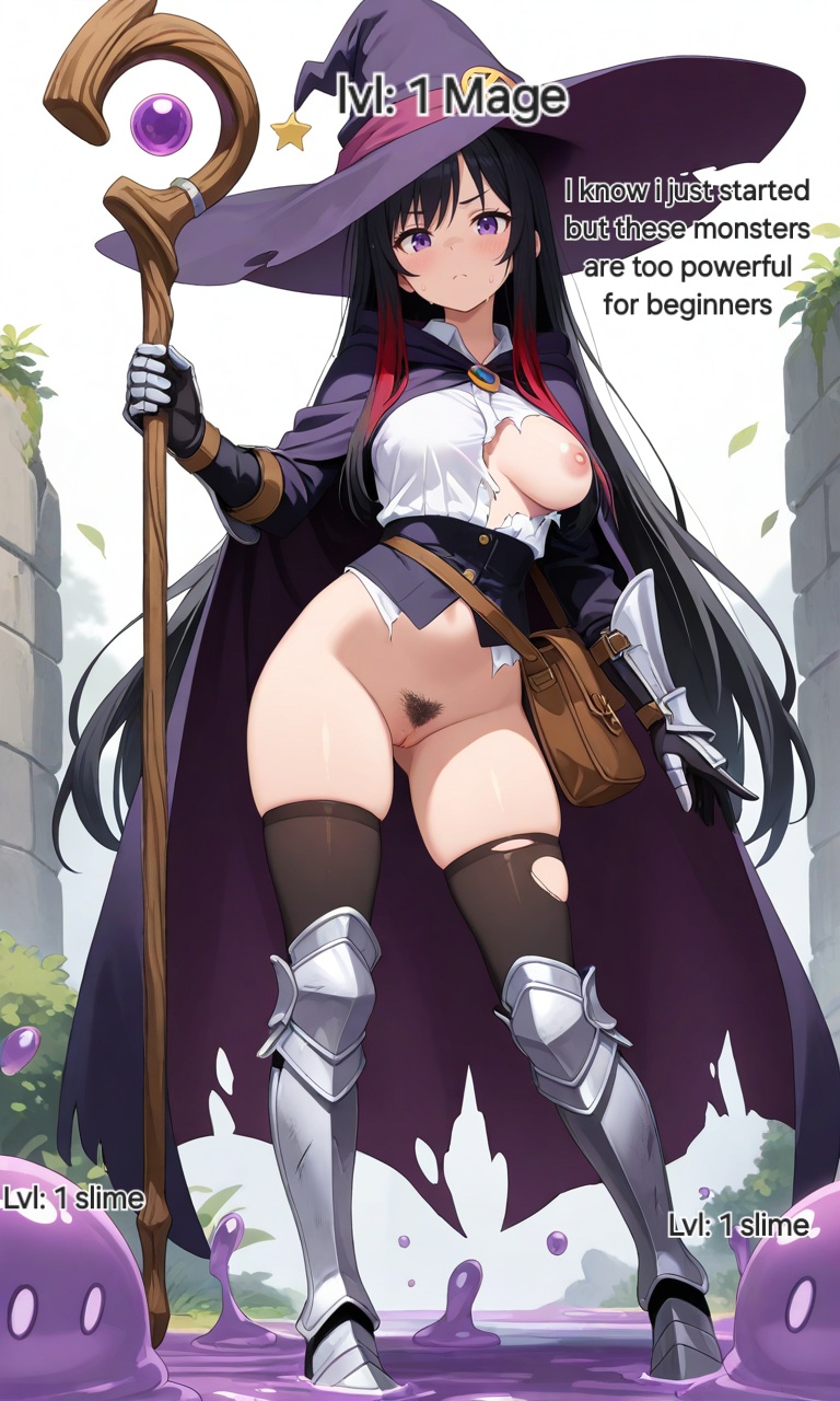 ai_generated battle_damage black_hair exposed_pussy female gauntlets greaves innie_pussy large_breasts lonelylady long_sleeves magic_staff magic_user one_breast_out original outside pubic_hair purple_eyes red_highlights stone_wall torn_clothes witch_hat