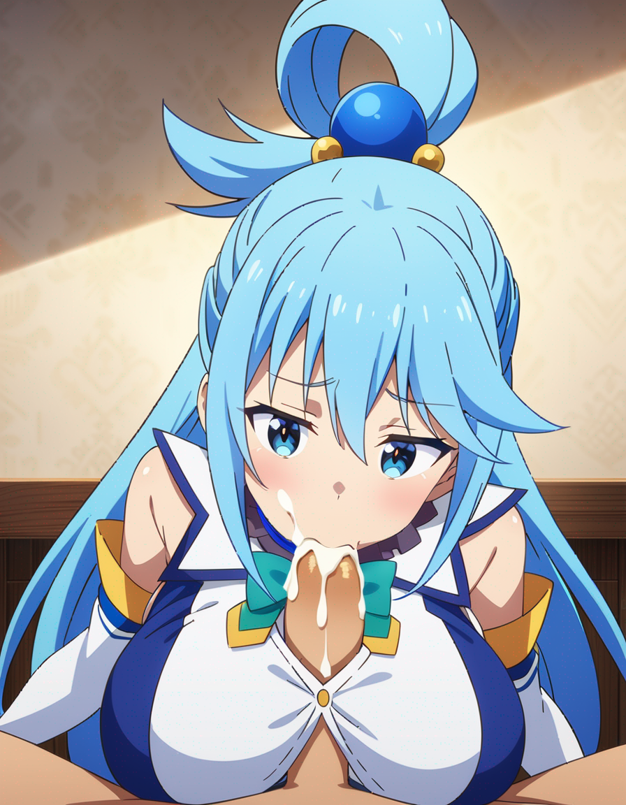 1boy 1boy1girl 1girls ai_generated aqua_(konosuba) aqua_eyes aqua_hair big_breasts blue_eyes blue_hair blush breasts closed_mouth clothed cum cum_in_mouth female kono_subarashii_sekai_ni_shukufuku_wo! male morindar open_eyes paizuri penis penis_in_mouth straight sucking sucking_penis swallowing swallowing_cum