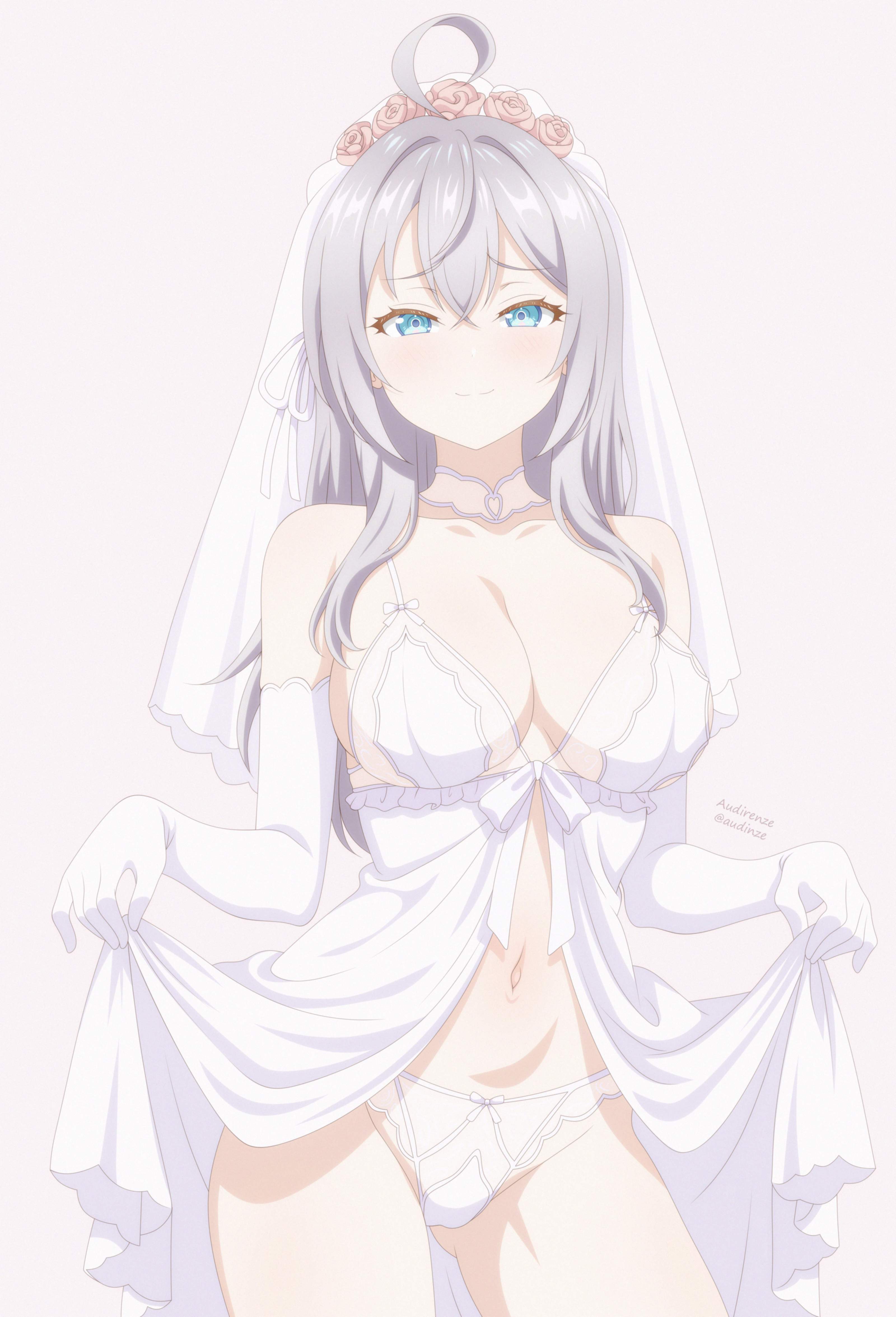 1girls, 2d, 2d (artwork), 2d artwork, ahoge, alisa mikhailovna kujou, audirenze, belly, belly button, big breasts, blue eyes, blue-eyed female, bra, breasts, busty, busty female, busty girl, busty teen, cleavage, closed mouth smile, collar, collarbone, curvaceous, curvaceous body, curvaceous female, curvaceous figure, curvaceous hips, curvaceous teen, curvy, curvy body, curvy female, curvy figure, curvy hips, curvy teen, digital, digital art, digital drawing, digital drawing (artwork), digital media, digital media (artwork), drawing, e-cup breasts, elbow gloves, eyebrows visible through hair, female, female focus, female only, fingers, gloves, groin, groin tendon, hair between eyes, half naked, half nude, high resolution, high school student, highres, hourglass figure, large boobs, large breasts, lean figure, light smile, lingerie, lingerie bra, lingerie only, lingerie panties, long gloves, long hair, looking at viewer, midriff, naked, naked female, naked woman, narrow waist, navel, nervous, nervous expression, nervous face, nervous female, nervous smile, nude, nude female, nudity, panties, russian female, school girl, semi nude, shoulders, shy, shy expression, shy female, shy girl, shy smile, silver hair, silver hair female, silver-haired female, simple background, slender body, slender waist, slim waist, smile, smiley face, smiling, smiling at viewer, solo, standing, teen girl, teenage girl, teenage tits, teenager, thick thighs, thighs, tokidoki bosotto russian de dereru tonari no alya-san, underwear, underwear only, upper body, veil, white background, white bra, white elbow gloves, white gloves, white long gloves, white panties, white underwear, white veil, wide hips, young female, young woman