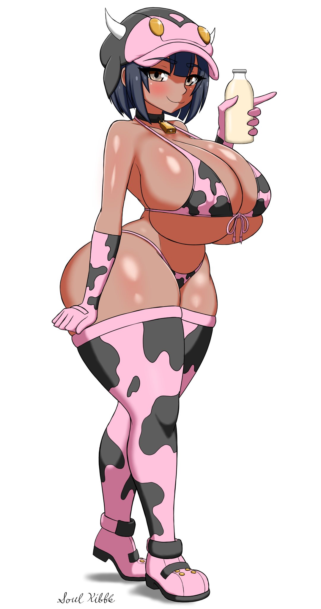 :3, 1girl, ass, bangs, black hair, blush, boots, breasts, breasts bigger than head, calcia, cow horns, cowbell, cowprint, cowprint bikini, female, female only, gloves, hat, huge ass, huge breasts, latina, long gloves, milk bottle, miltank (cosplay), nipples visible through clothing, original character, pink cow print, pokemon, pokemon costume, short hair, shortstack, solo, solo female, soulkibble, standing, thick thighs, thighhighs, thighs, thin waist, underboob, white background