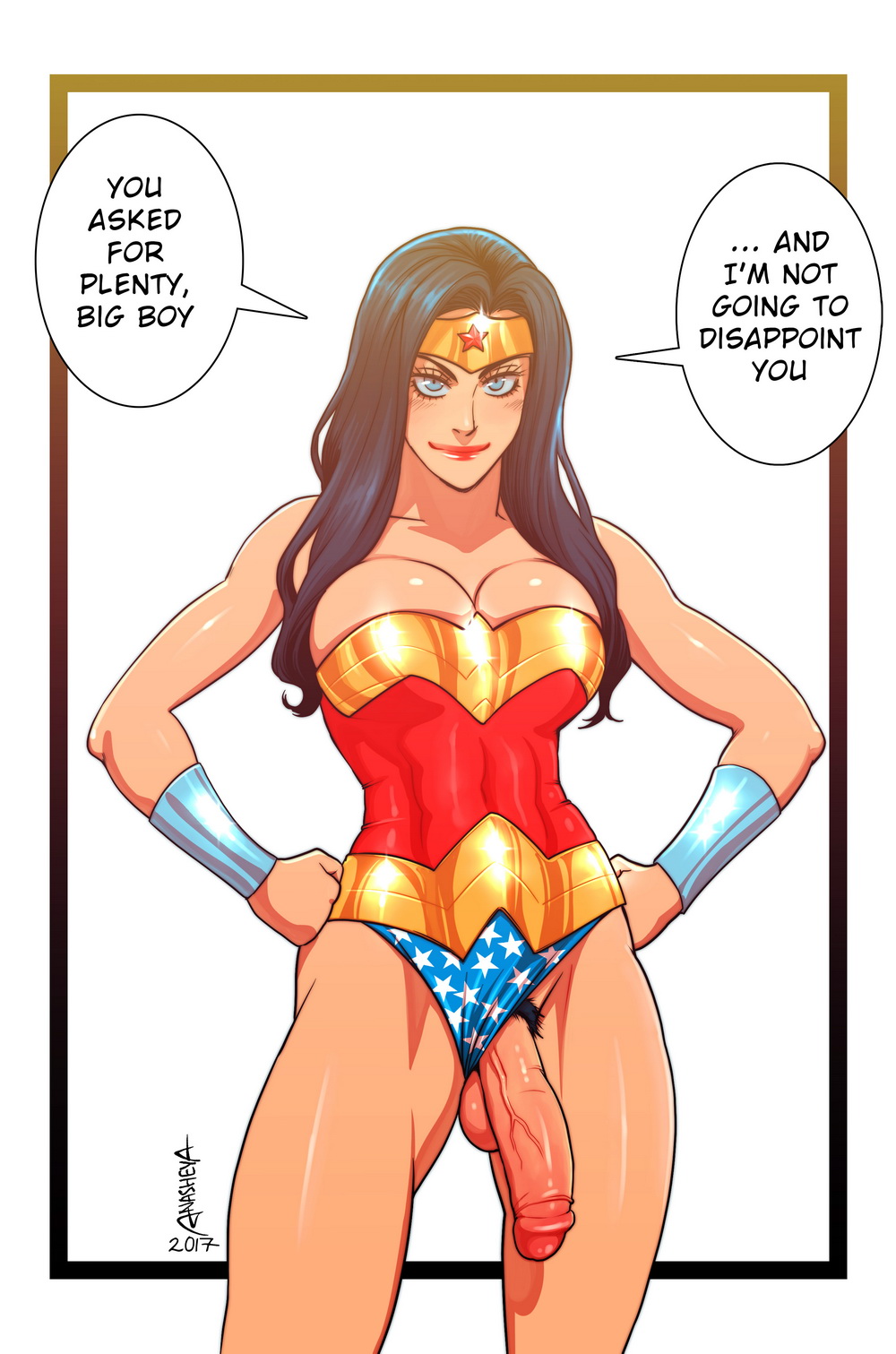 1futa 2017 amazon anasheya areolae balls big_penis black_hair blue_eyes breasts cleavage dc_comics erection futa_only futadom futadom_caption futanari hourglass_figure intersex lipstick nipples penis solo solo_futa speech_bubble testicles text voluptuous wonder_woman wonder_woman_(series)