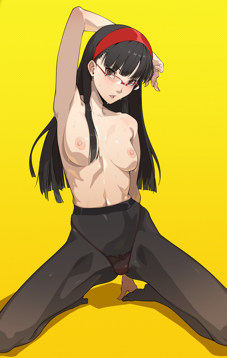 amagi yukiko, breasts, cowpersurfer, glasses, nipples, pantyhose, persona, persona 4, red panties, sweaty, topless
