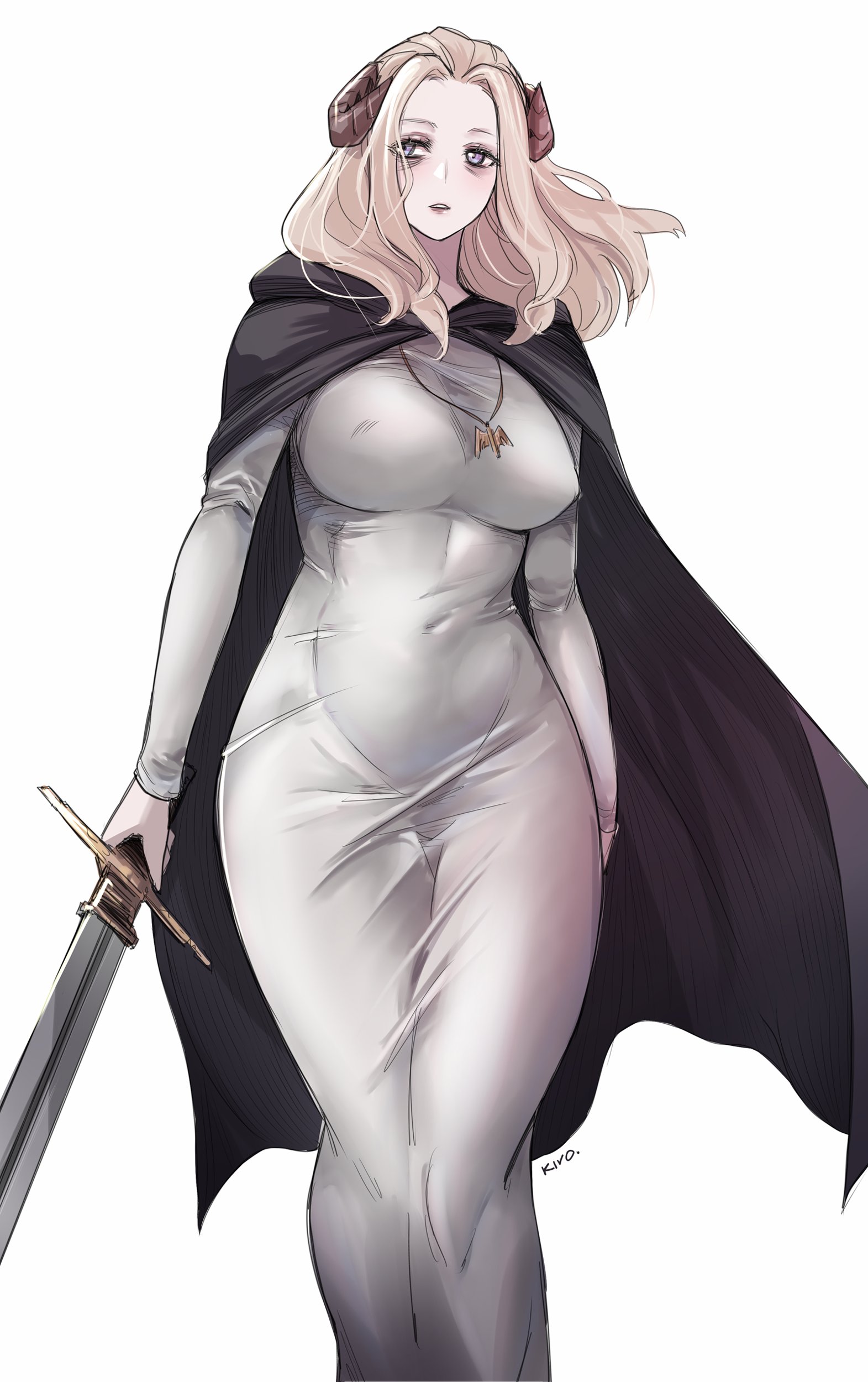 1girls, absurdres, big breasts, black cape, blonde hair, breasts, cape, commentary, covered erect nipples, covered navel, demon girl, dress, english commentary, female, female only, fit female, frieren beyond journey's end, highres, holding, holding sword, holding weapon, horns, jewelry, kivonotbabu, large breasts, light-skinned female, long hair, looking at viewer, mature female, necklace, simple background, slim waist, solo, sousou no frieren, sword, sword demon hag (sousou no frieren), thick thighs, weapon, white background, white dress, wide hips