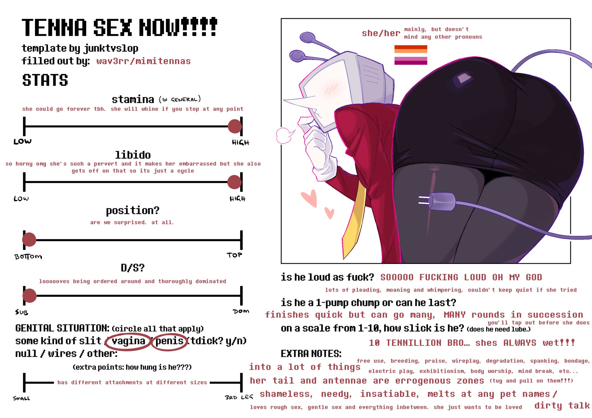 ass, deltarune, female, female only, information, information sheet, lesbian, rule 63, suggestive, suggestive look, tail, tenna (deltarune), tv head, wav3rr