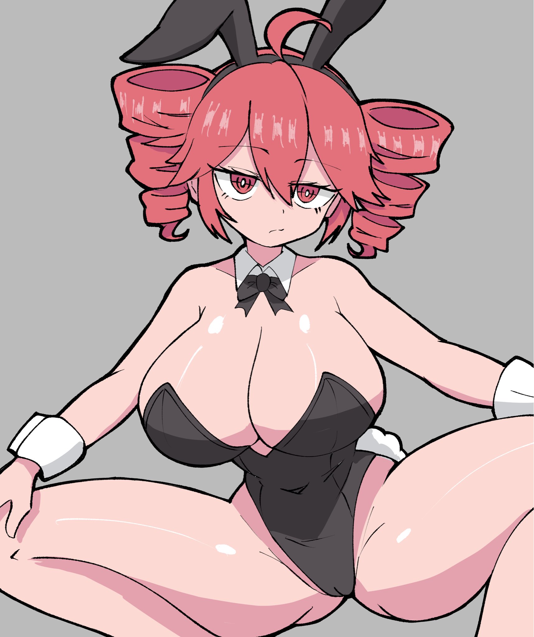 1girls, 2d, 2d (artwork), ahoge, areola slip, areolae, armpits, ass, ass visible through thighs, belly, big ass, big breasts, big thighs, black nails, blush, blushing profusely, bow, breasts, bunny ears, bunny girl, bunny tail, bunnysuit, cameltoe, cleavage, curvaceous, curvy, curvy female, curvy figure, deep cleavage, detached collar, detached cuffs, embarrassed, embarrassed female, eyelashes, fat breasts, fat thighs, female, female only, flexible, flexible female, grey background, heels, hips wider than shoulders, hitorikanawo, holding leg, hourglass figure, huge ass, huge breasts, huge thighs, kasane teto, large areolae, large ass, large breasts, large thighs, lips, looking at viewer, looking back, massive breasts, massive thighs, nail polish, navel, navel visible through clothes, painted nails, partially visible vulva, pink nipples, plump, plump breasts, plump camel toe, plump thighs, pussy, pussy lips, red eyes, red hair, revealing clothes, round breasts, seductive pose, shiny skin, skimpy, skimpy clothes, slim waist, solo, solo female, spread legs, squatting, suggestive pose, sweat, sweatdrop, sweating, thick ass, thick thighs, thighs, tight clothing, tiny waist, tremble spikes, trembling, twin drills, utau, vagina, voluptuous, voluptuous female, vulva, wide hips
