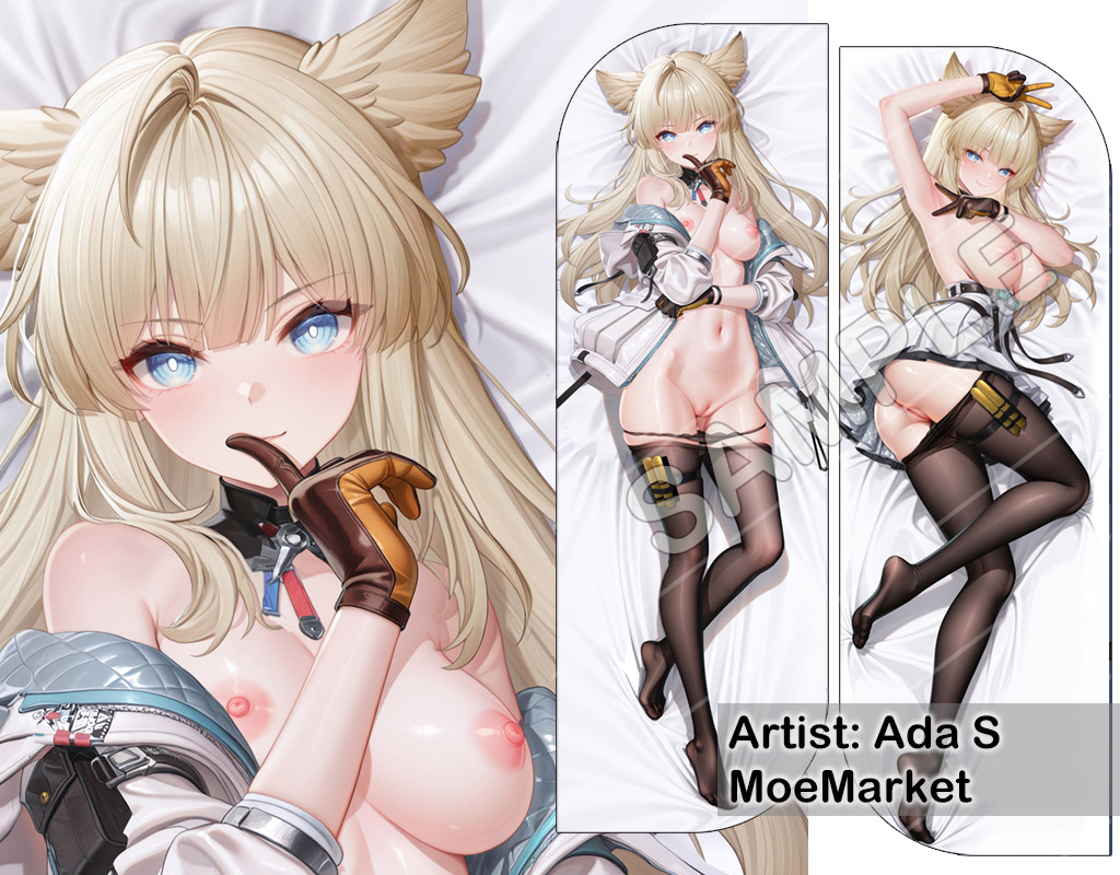 1girls, animal ears, arknights, arknights: endfield, blonde hair, blue eyes, dakimakura, dakimakura design, gloves, nipples, pantyhose, pantyhose pull, perlica (arknights: endfield), pussy