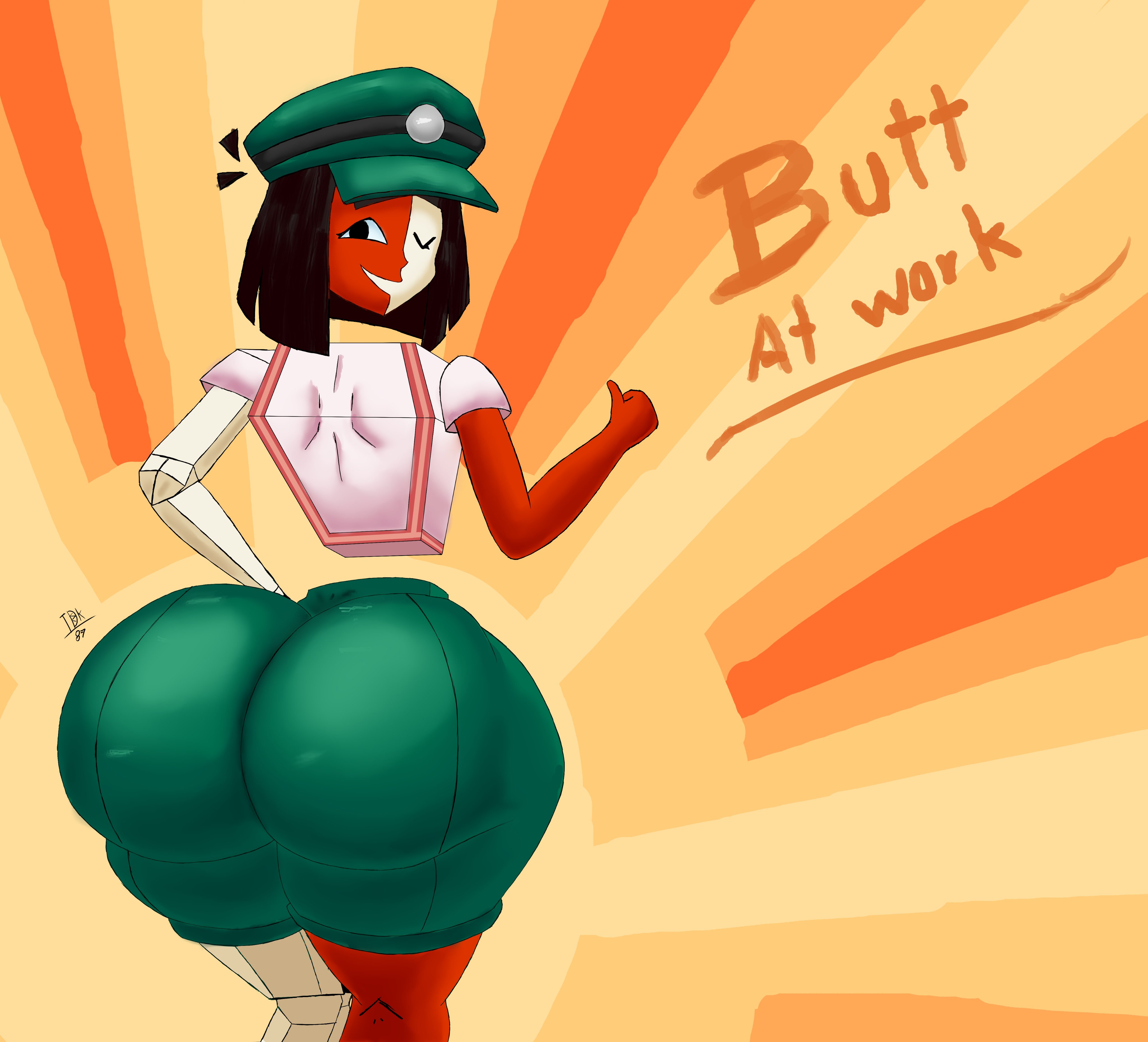 2d, ass, back view, background, background text, black eyes, black hair, dream bbq, ena (dream bbq), ena (series), fat ass, hat, huge ass, huge butt, looking at viewer, lord blackshade 87, one eye closed, png, red skin, smiling at viewer, tagme, tagme (artist), white skin