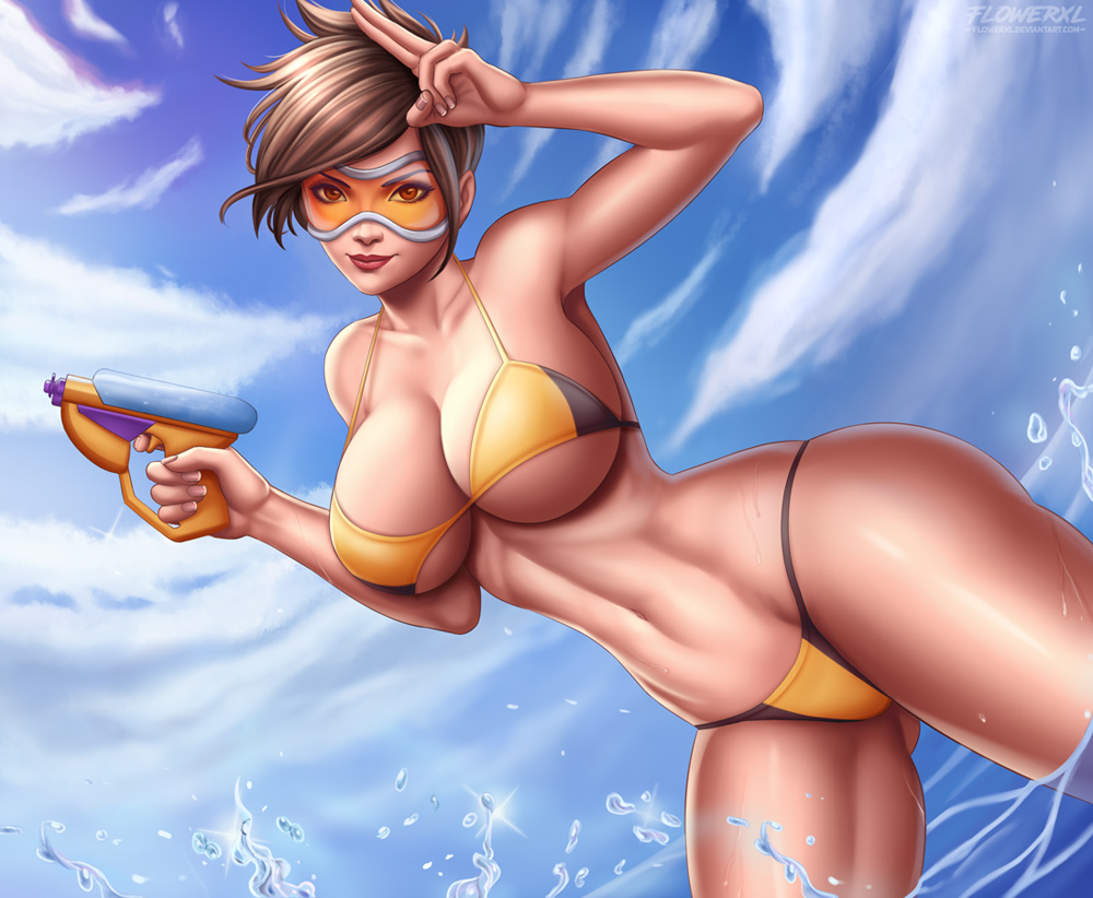 big breasts, bikini, breasts, cleavage, female, female only, flowerxl, large breasts, looking at viewer, overwatch, solo, tracer