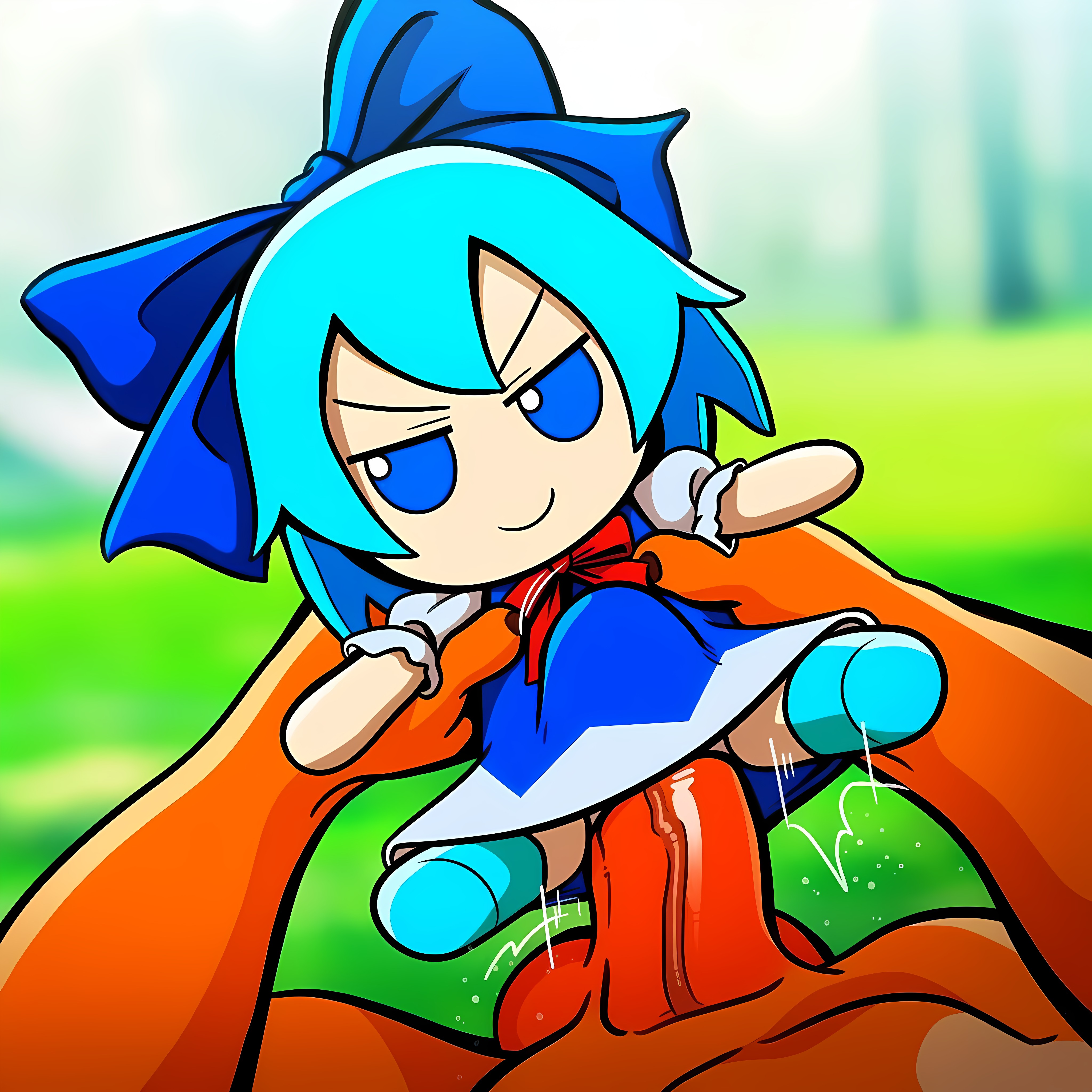 1boy, ai generated, blue eyes, blue hair, blue ribbon, cirno, diamond 7 (ai generator), dress, erection, fumo plush, hair ribbon, nude, nude male, penetration, penis, plushie, plushophilia, pov, pov male, red ribbon, ribbon, smile, smug, smug face, stomach bulge, stuffed toy, testicles, touhou, v-shaped eyebrows, veiny penis