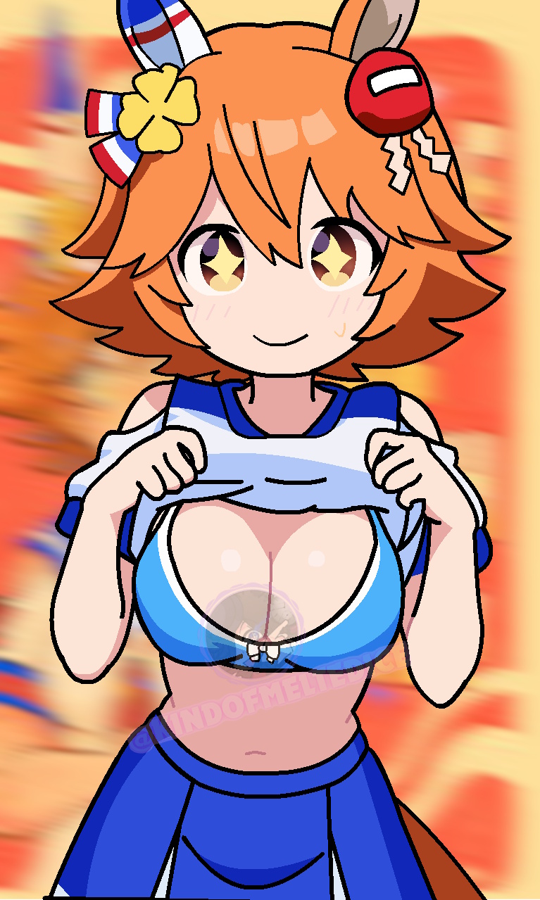 1girls, arms up, blue bra, blue skirt, blush, bra, cleavage, clover, daruma doll, double v, female, flashing, flashing breasts, hair ornament, heart, horse ears, horse girl, kindofmeltedice, lifting shirt, looking at viewer, matikanefukukitaru (umamusume), medium breasts, one eye closed, orange bikini top, orange eyes, orange hair, original artwork, short hair, skirt, solo, solo female, star-shaped pupils, sweat, tagme, umamusume, umamusume pretty derby, watermark