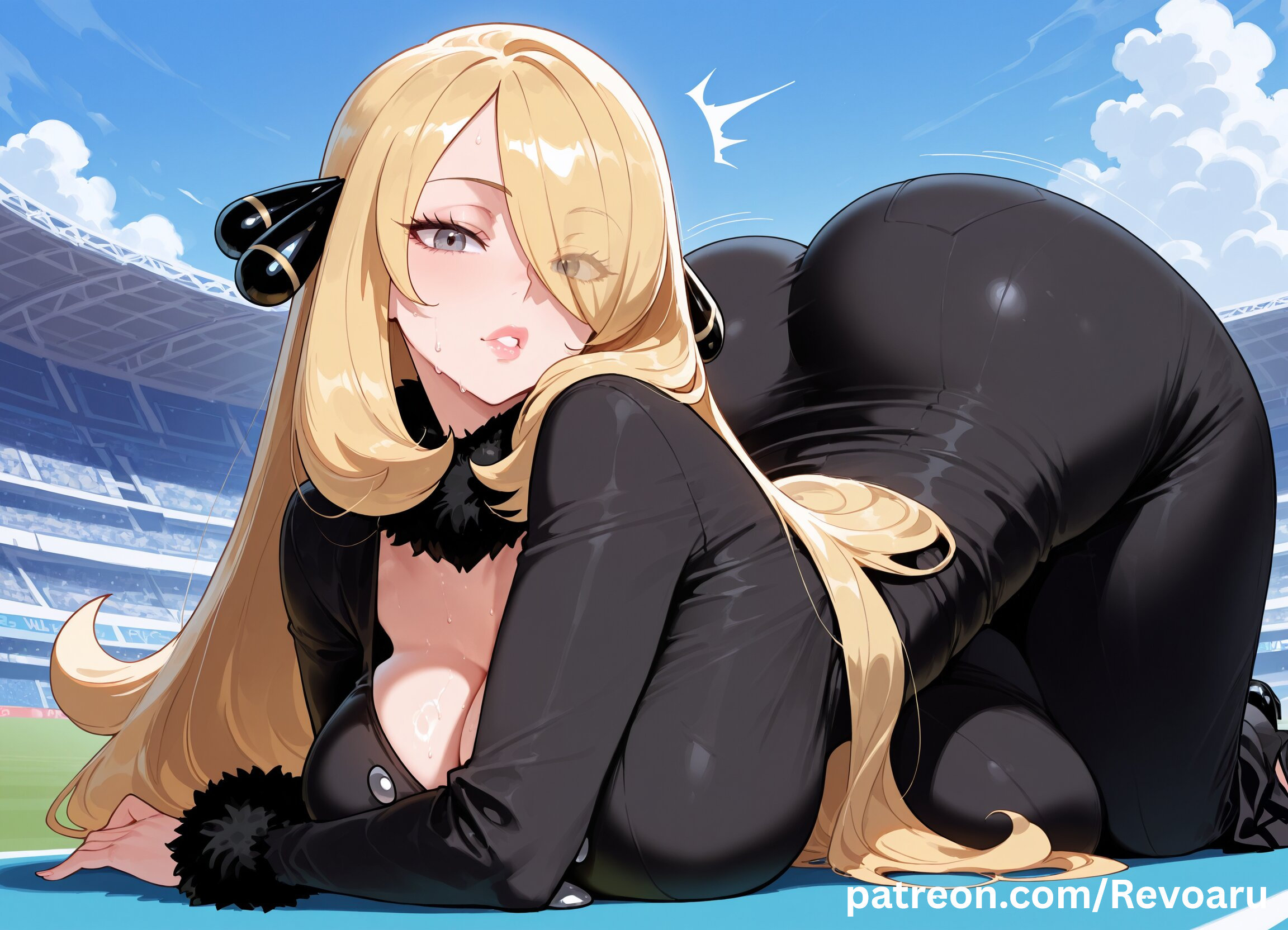 ai generated, big breasts, blonde hair, breasts, cynthia (pokemon), female, female only, huge breasts, mature, mature female, pokemon, quality, revoaru, solo, thick thighs, thighs