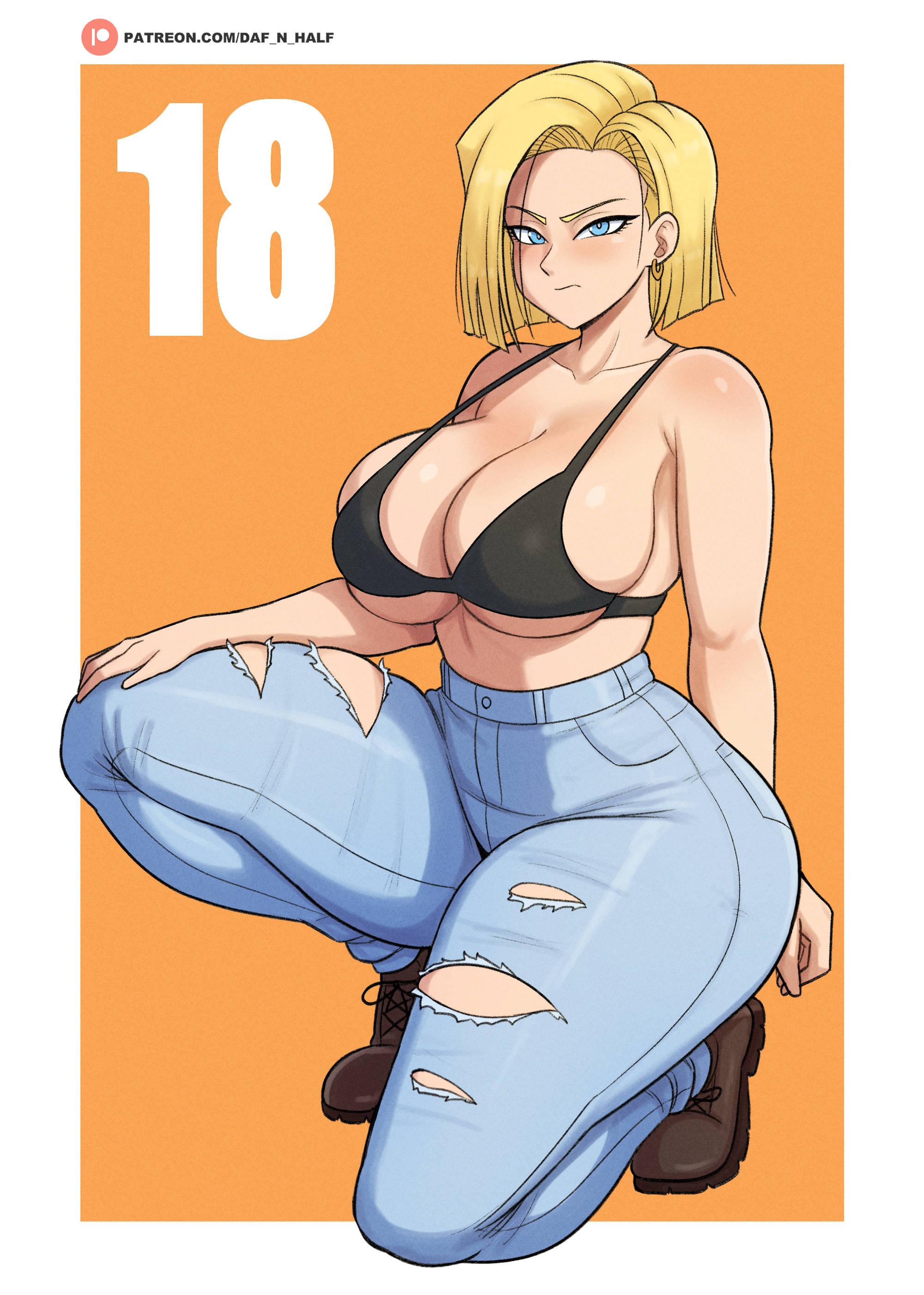 1girls, about to burst, android 18, barely contained, barely contained breasts, barely fits, blonde, blonde female, blonde hair, blonde hair female, blue eyes, blue eyes female, boots, bursting breasts, cameltoe, cleavage, curvy, daf n half, dragon ball, dragon ball super, dragon ball z, erect nipples, female, gigantic breasts, huge areolae, huge ass, imminent wardrobe malfunction, puffy nipples, short hair, short hair female, strained clothing, straining clothing, thick lips, tight fit, too tight, undersized clothes, undersized clothing, voluptuous, wide hips, yellow hair