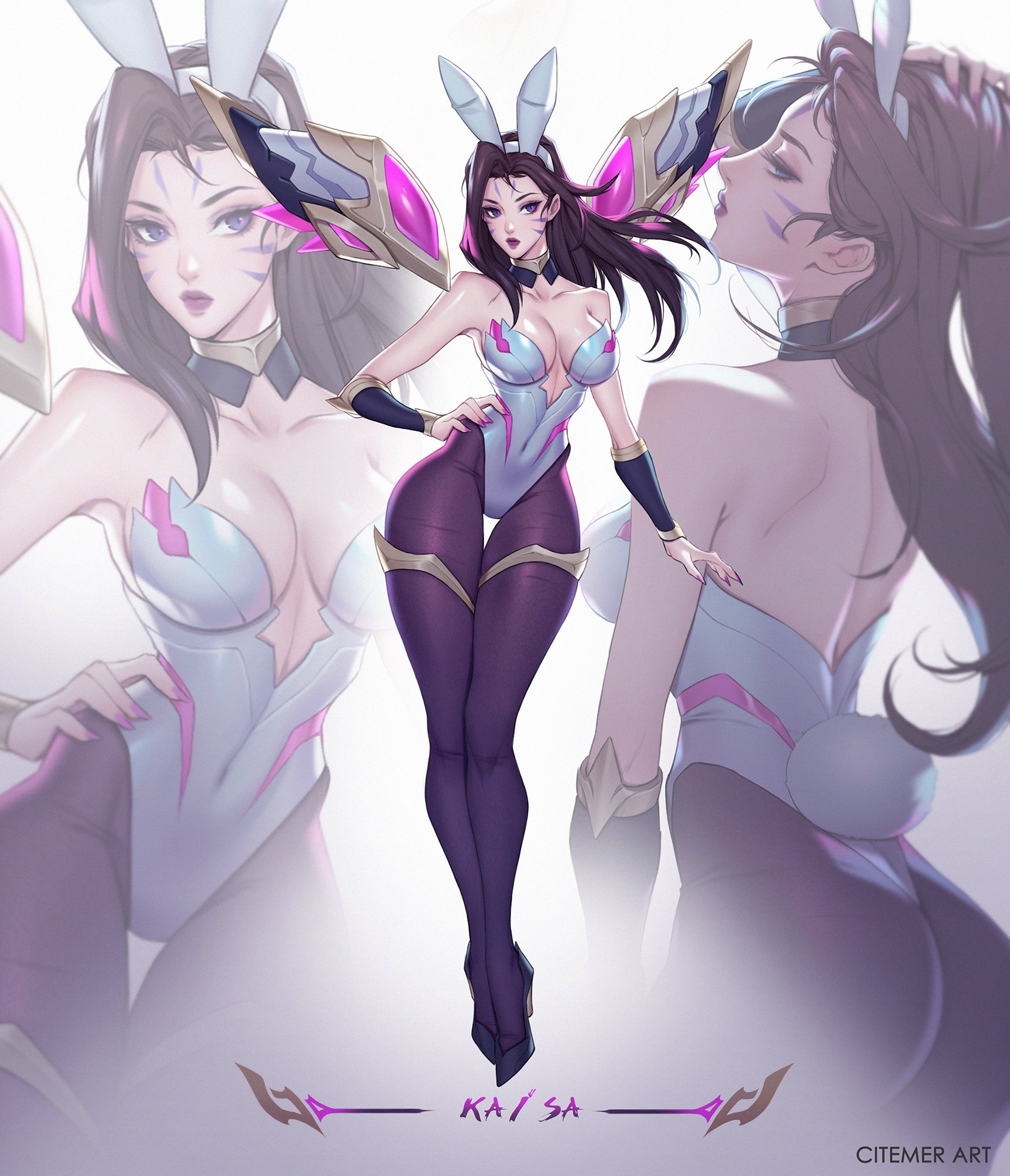 ass, back view, black hair, bunny ears, bunny tail, bunnysuit, citemer, female, front view, kai'sa, league of legends, pantyhose, purple eyes