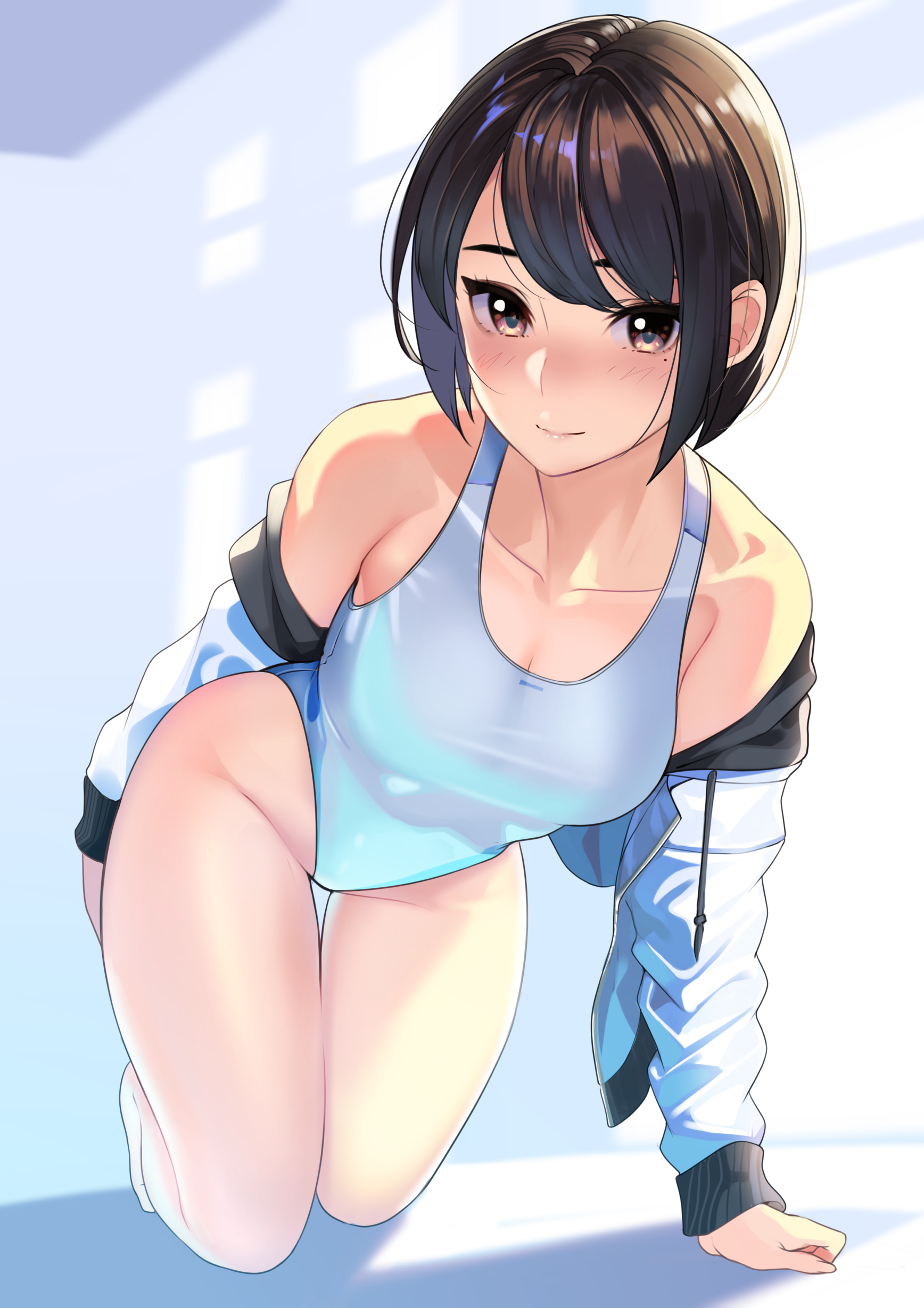 1girls, absurdres, backlighting, bangs, bare shoulders, blush, breasts, brown eyes, brown hair, closed mouth, collarbone, female, female only, highleg, highleg swimsuit, highres, jacket, kagematsuri, kneeling, leaning forward, looking at viewer, medium breasts, mole, mole under eye, off shoulder, one-piece swimsuit, open clothes, open jacket, original, short hair, smile, solo, solo female, swept bangs, swimsuit, thighs, white jacket, white swimsuit, wide hips
