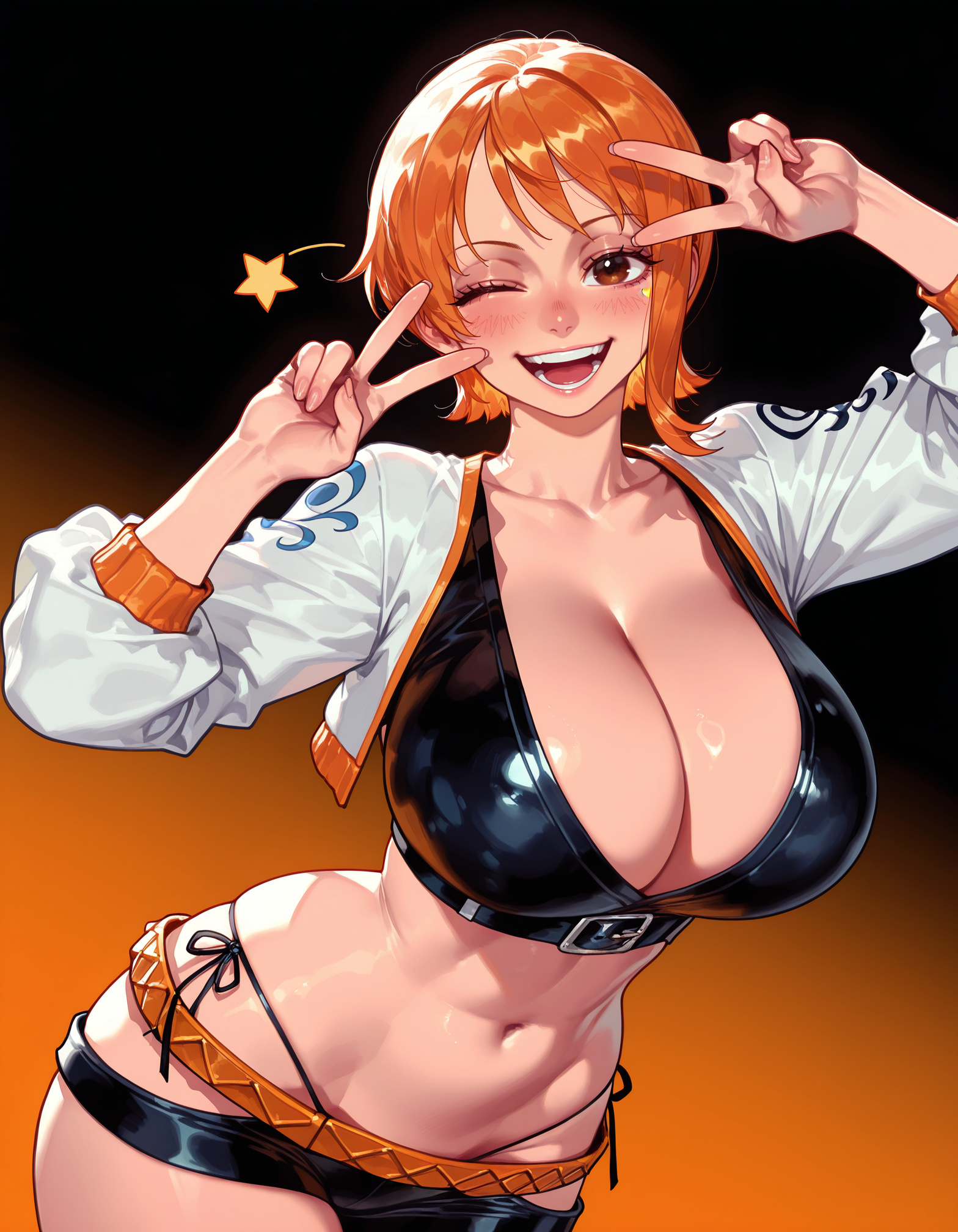 ;d, 1girls, ai generated, alternate breast size, balecxi, belt, bikini, black background, black shorts, blush, breasts, brown eyes, cleavage, clothing, collarbone, cowboy shot, crop top, cropped jacket, curvaceous, curvaceous female, curvaceous figure, curvy, curvy figure, double v, female, female focus, female only, gradient background, hands up, huge breasts, inviting, inviting to sex, jacket, large breasts, long sleeves, looking at viewer, midriff, nami (one piece), navel, one eye closed, one piece, open jacket, open mouth, orange background, orange belt, orange hair, panties, presenting, presenting ass, presenting breasts, presenting hindquarters, presenting self, seductive, seductive look, seductive smile, short hair, short shorts, shorts, side-tie panties, smile, solo, standing, star (symbol), stomach, swimsuit, teeth, thighs, underwear, v, v over eye, voluptuous, voluptuous female, white jacket, wink