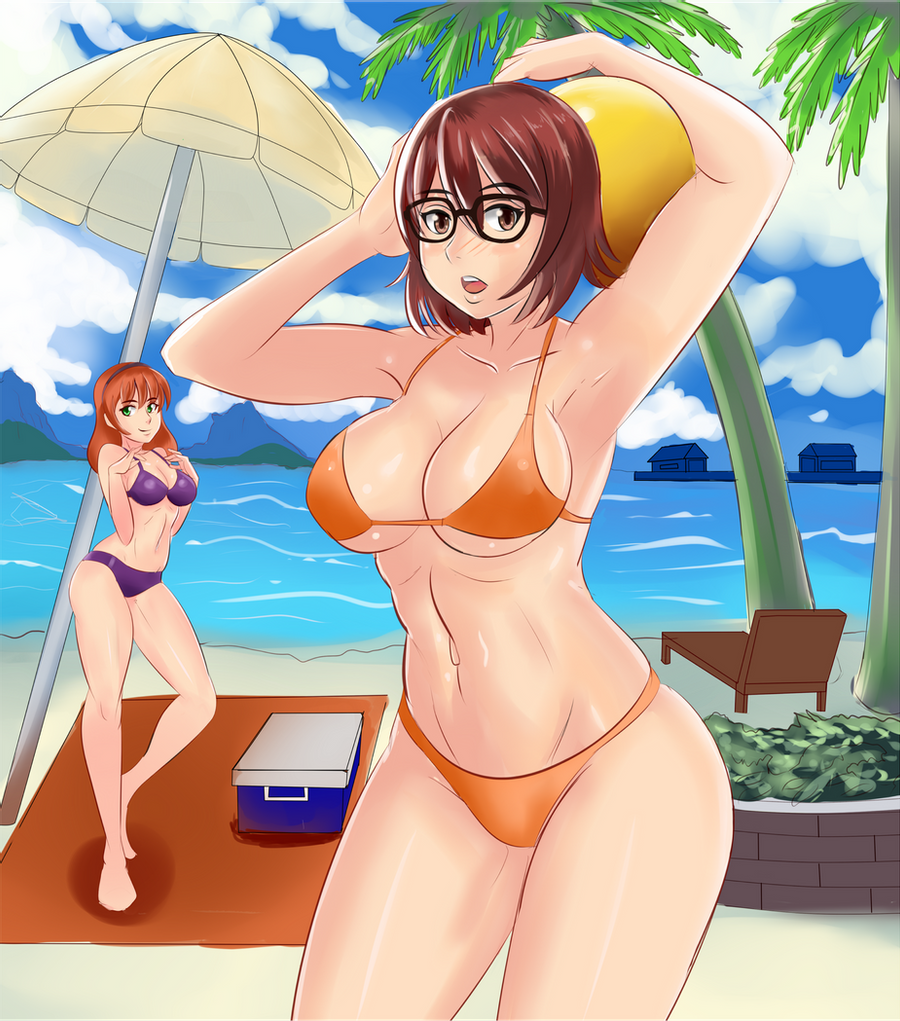 2girls angelox27 beach beach_ball beach_umbrella bikini blush brown_eyes brown_hair cooler daphne_blake fit fit_female glasses green_eyes hanna-barbera large_breasts long_hair orange_hair palm_tree scooby-doo short_hair velma_dinkley voluptuous