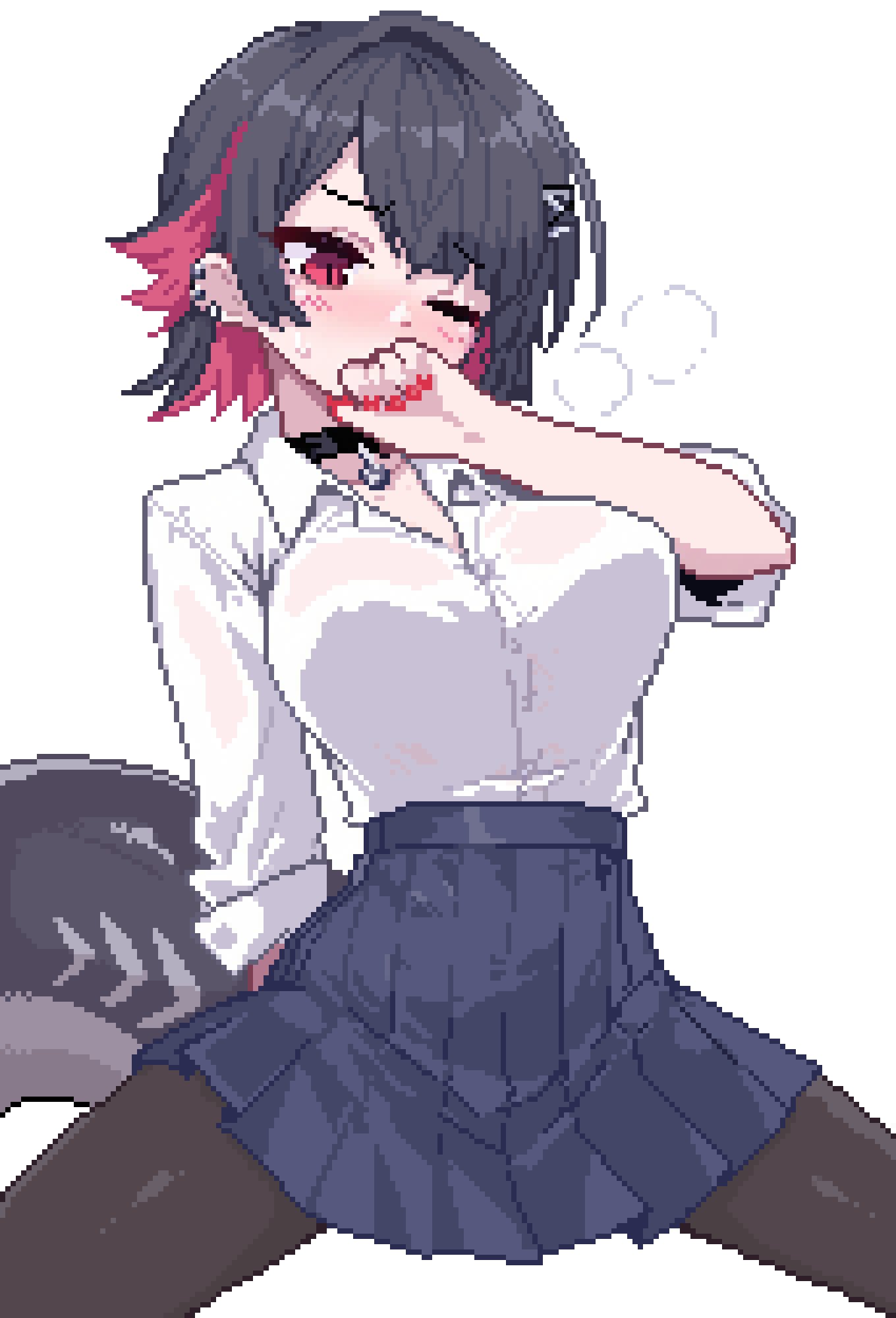 ai generated, black hair, colored nails, dyed hair, ellen joe, fully clothed, leggings, painted nails, pixel art, red eyes, shark girl, shark tail, skirt, spread legs, zenless zone zero