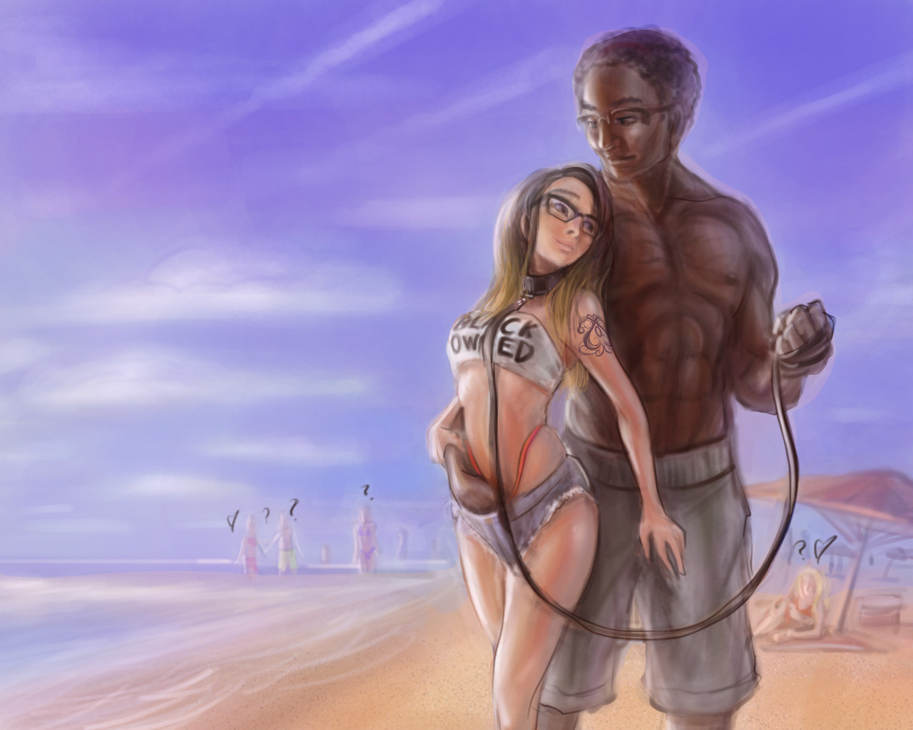 1boy, 5girls, beach, blacked clothing, blackingyourwaifu, collar, dark skin, dark-skinned male, english text, eye contact, female, glasses, hand in panties, interracial, leash, male, original, outdoors, queen of spades, raceplay, tattoo, thong
